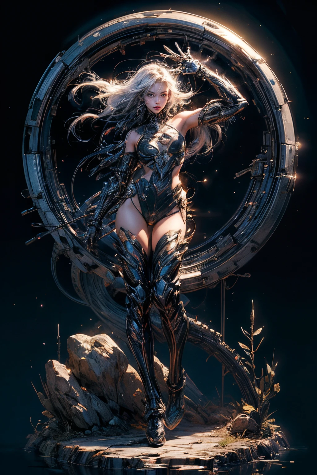 ticker mechanism, Beautiful eyes, Upper body, (Mechanic Armor), Portrait、abyss、Shooting with a wide-angle lens,Lightning from Kaleidoscope Hand、flying though the air、flawless、Neon light, 8K, raw, Best Quality, masutepiece, 超A high resolution, Colorful, (medium wide shot), (Dynamic perspective), foco nítido , (depth of fields, Bokeh:1.3), extremely detailed eye and face,ninjartist, Beautiful detailed eyes、Black gold, Trimmed gear:1.2), ((masutepiece, Best Quality)), Detailed background, Inside the spacecraft、Hold your weapon、(Gray hair)、brue eyes、poneyTail、dirty、bio luminescent、lots of crescent moons、Photographed with Canon R5、Dark Fantasy,masterpiece,connected to the plug、spectrum、Space City、Highly detailed beautiful porcelain profile female android face、Complex 3D rendering of a headset、cyborgs、roboticparts、150mm、Beautiful studio soft lights、Rim Light、Vivid details、luxuriouscyberpunk、Ren Hao、surrealistic、Anatomical、face muscles、cable electric wires、microchips、elegent、beatiful backgrounds、octan render、HR Giger Style、8K、top-quality、masterpiece、illustratio、extremely delicate and beautiful、ighly detailed、nffsw ,Unity ,wall-paper,magnifica, Attention to detail, masterpiece,top-quality,Official art,Highly detailed ticker Unity 8K wallpapers、机器人、Silver Halmet、((full body Esbian))