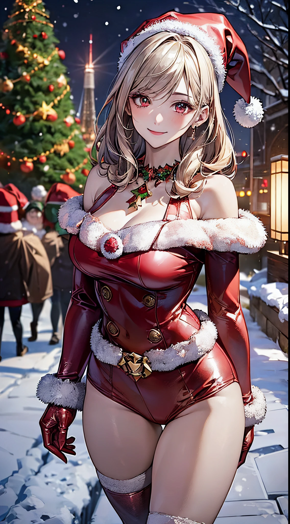 ((((perfect anatomy, super detailed skin)))), 1 girl, japanese, , shiny skin, large breasts:0.5, watching the view,
beautiful hair, beautiful face, beautiful detailed eyes, (middle hair:1.4),
beautiful clavicle, beautiful body, beautiful chest, beautiful thigh, beautiful legs, babyface, monder eye,
((metallic red santa claus hat, metallic red off shoulder santa claus dress, white fur cuffs, metallic red gloves), christmas necklace), seductive thighs, ,
(smile:1.5), walking,
(beautiful scenery),winter, midnight, hokkaido, sapporo, odori park, christmas, (christmas tree), illumination, tv tower, snow, snowfall:1.5, freezing weather, frost,
(8k, top-quality, masterpiece:1.2, extremely detailed), (photorealistic), beautiful illustration, cinematic lighting,
