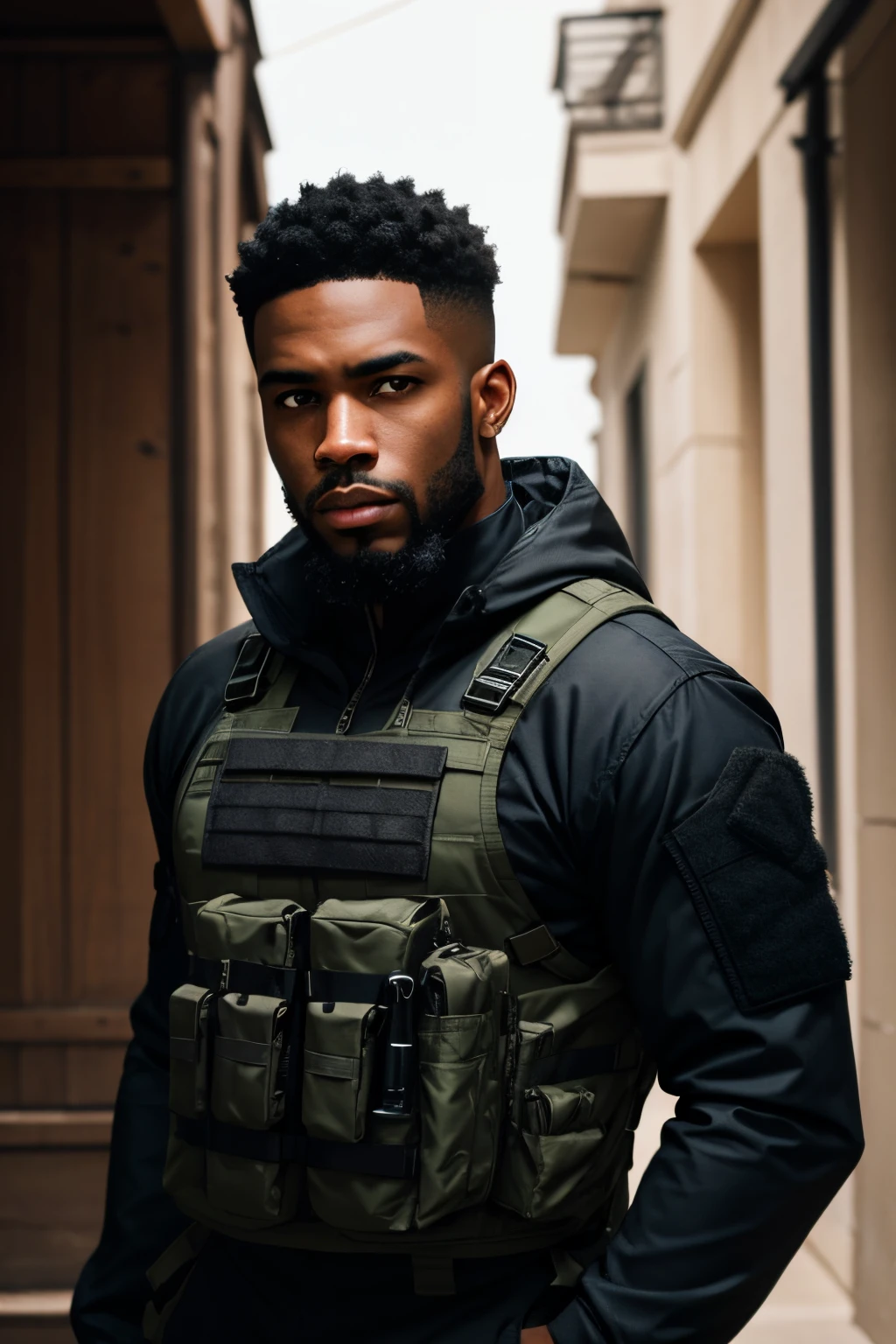 Light skinned black man with 5:00 shadow beard wearing a Tactical suite.