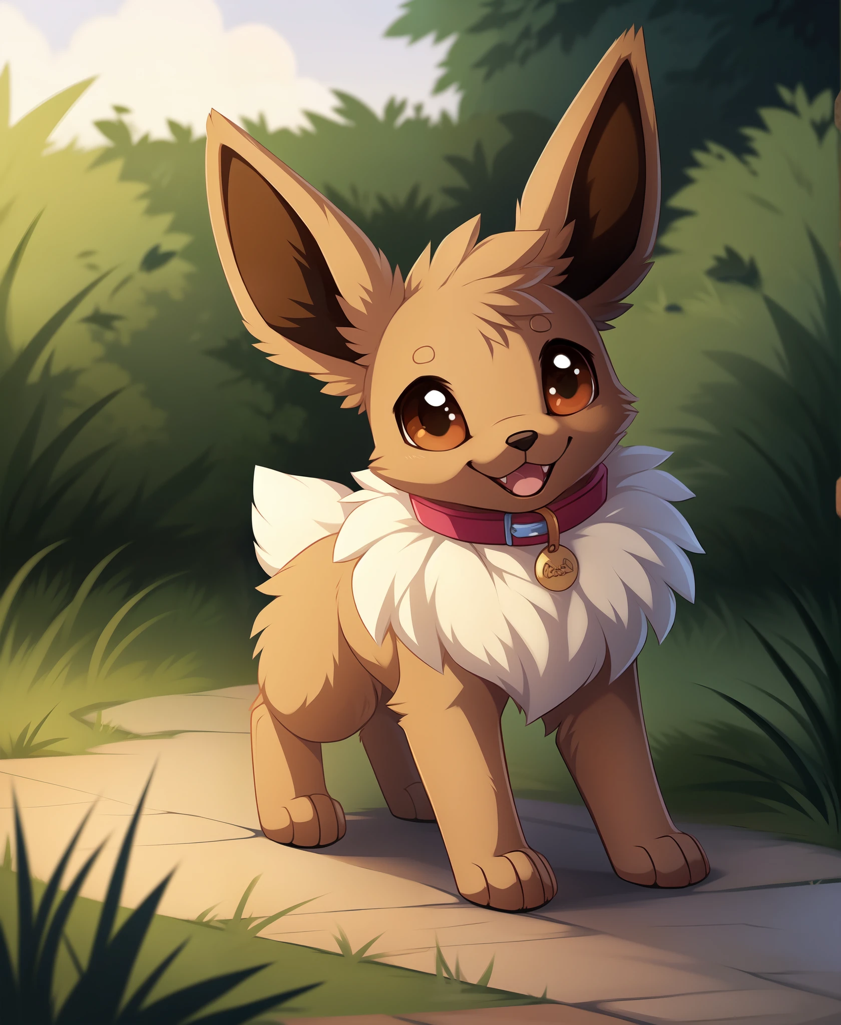 [by Hioshiru],furry, Feral, Pokemon, Long fluffy hair,  eevee,  Happy, canine paws, paws for hands, short height, shortstack, crawling, heavy, collar, walkies, perk