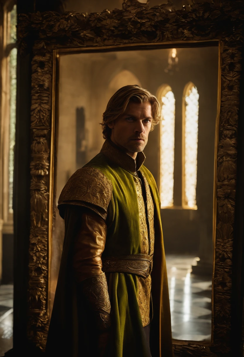 A photo of Jaime standing in front of a grand mirror, adjusting his golden Lannister cloak with a haughty expression.,Game of Thrones TV series,Jaime is handsome, blonde, with green eyes, and a golden hand, famously portrayed by Nikolaj Coster-Waldeau, male