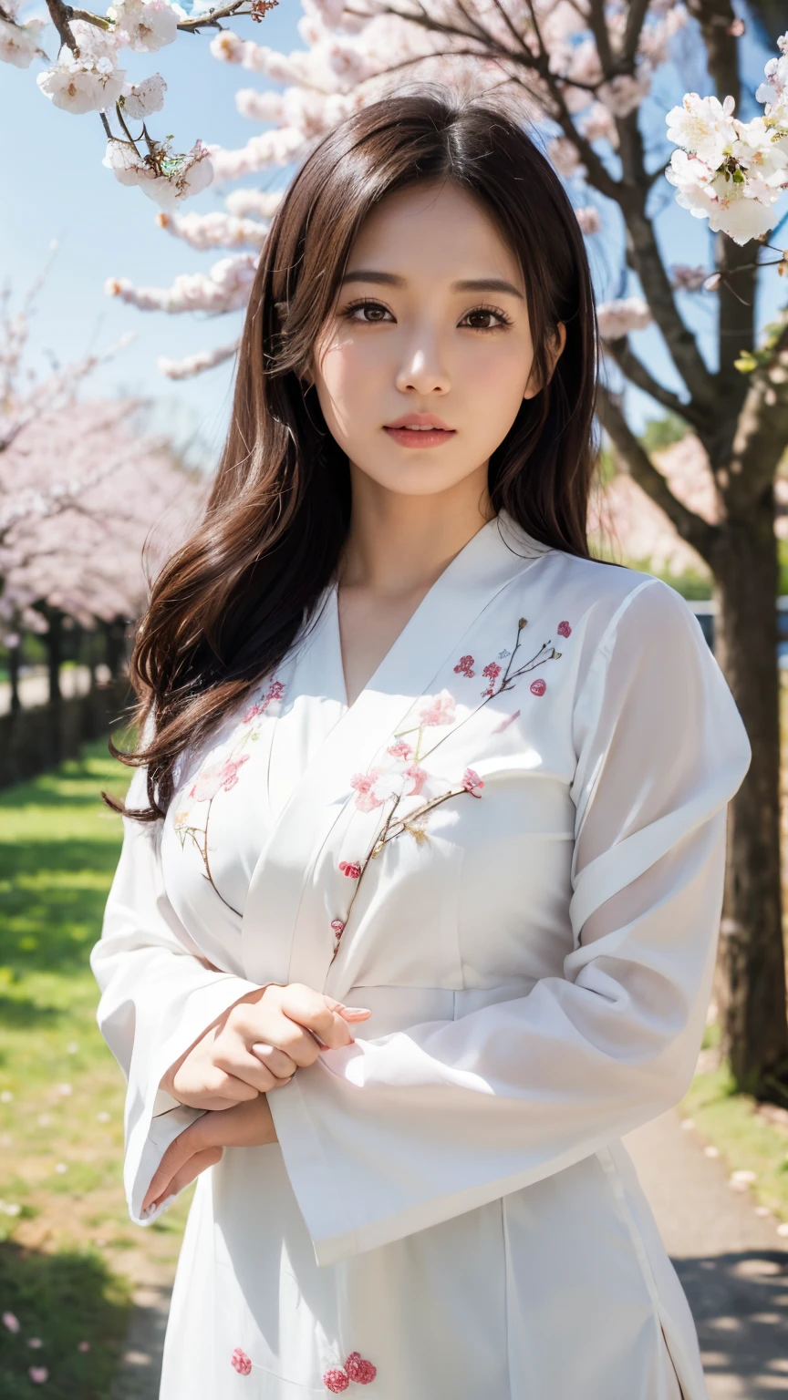 (A logo、masterpiece、8K、masutepiece、Raw photo、Fantastic、Best Quality、Photorealistic、extremely detailed CG unified 8k wallpaper、hightquality、ighly detailed、epic poem、Particle effect、Dynamic effects、depth of fields、Cinematic Light、Lens Flare、Ray tracing)、Fantasia、 (Beauty 1 person、White Japanese Clothing、Japanese dress、White cherry blossom pattern、White cherry blossom embroidery pattern、A dark-haired、Beautiful face、Real Face、Beautiful detail eyes、Beautiful skin)、Hair flutters in the wind、Hair jumps、Pink cherry blossom tree、Petals flutter、Sakura blizzard、Superb view、morning glow、Sun in the background、the wind、Deities、tusk、myth、Vast Land、