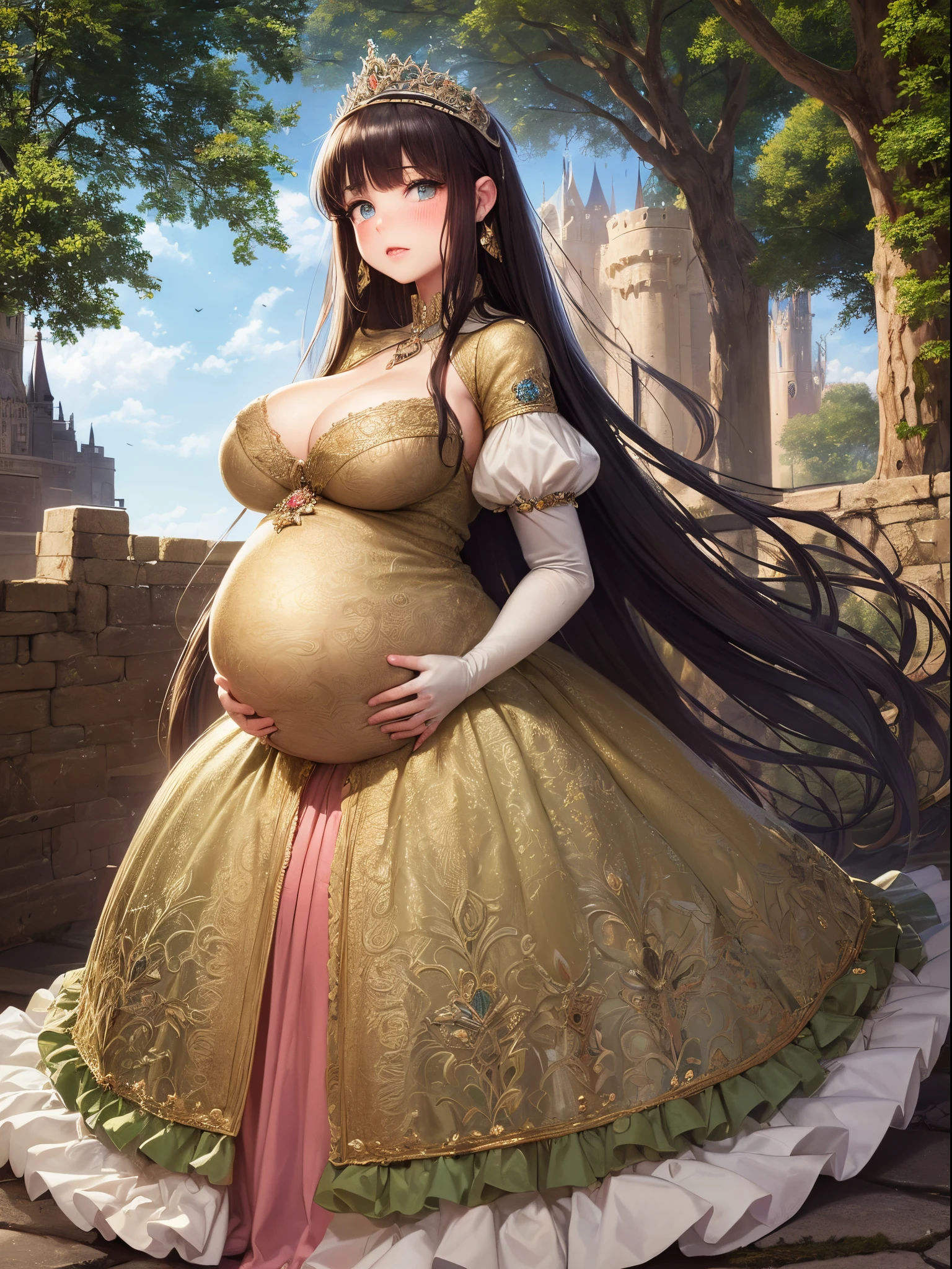 ultra-detailed, extremely detailed,((anime artstyle)),Masterpiece,(Best Quality),(Super Detail),(Very Delicate and Beautiful),((Solo)),(((full body))),full body,((detailed face and eyes)),perfect eyes, rendered eyes,jewel-like beautiful eyes,cry,((embarrassed,blush)),((1 pregnant princess in beautiful embroidery and jeweled gorgeous rococo ballgown with frilled voluminous full length hoop skirt)),(((heavily pregnant))),((Crinoline)),beautiful embroidery and jeweled gorgeous rococo ballgown with frilled voluminous full length hoop skirt,(large amount of straight hair,extremely voluminous Very Long straight Hair,Absolutely Long Straight Hair),sparkly skin,(((very gigantic boobs,skindentation))),Bursting breasts,cleavage,((fantasy castle,outdoors,outside the castle)),long_gloves,extremely gorgeousfull jeweled hair ornament,(bling-bling extremely gorgeousfull jeweled tiara),(luxurious jewelry),full body,beautiful embroidery and jeweled gorgeous rococo ballgown with frilled voluminous full length hoop skirt