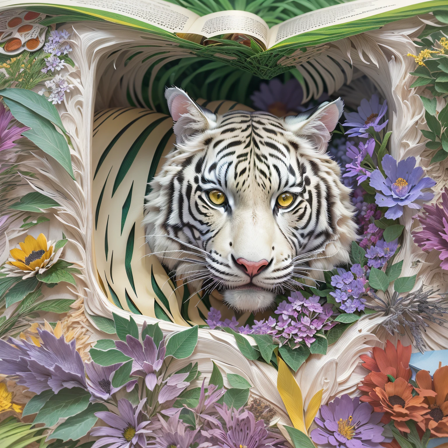 White Tiger,Delicate fur,yellow eyes.(pop up book:1.5),(Paper Cuttings style):(green woods,Red maple,Purple flowers),(Best quality,4K,8K,A high resolution,tmasterpiece:1.2),ultra - detailed,(actual,realistically,realisticlying:1.37) #Marine art #pop up book #number art #digital drawing #Aylt #love art