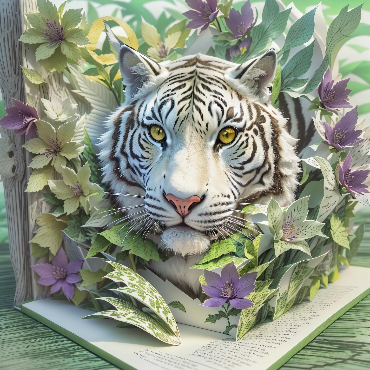 White Tiger,Delicate fur,yellow eyes.(pop up book:1.5),(Paper Cuttings style):(green woods,Red maple,Purple flowers),(Best quality,4K,8K,A high resolution,tmasterpiece:1.2),ultra - detailed,(actual,realistically,realisticlying:1.37) #Marine art #pop up book #number art #digital drawing #Aylt #love art