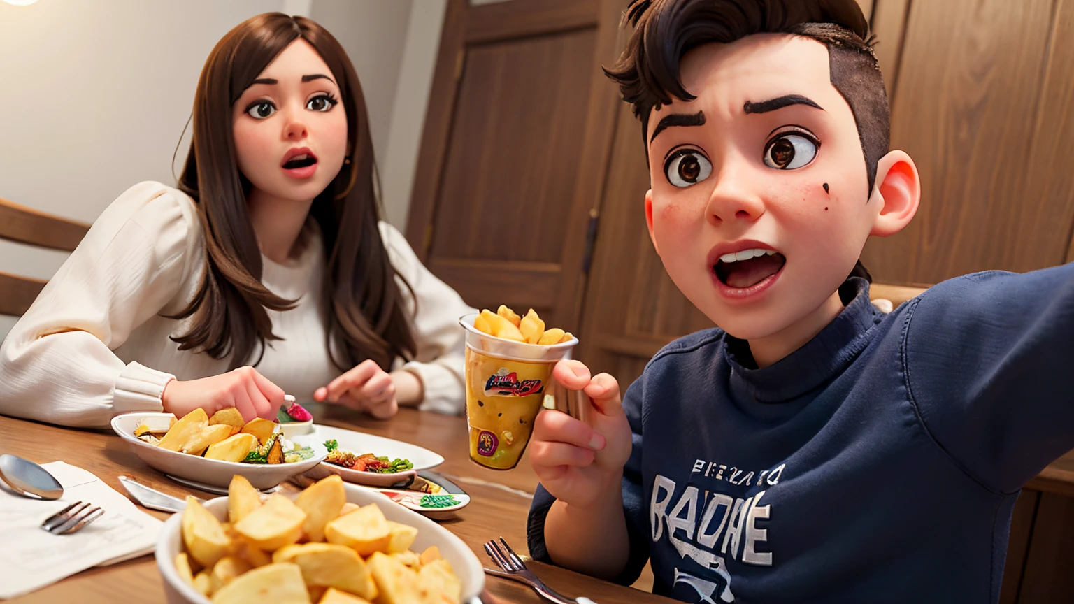 Hay dos personas sentadas en una mesa con comida y bebida, Mukbang, con patatas fritas, Imagen de perfil, 4k post, Puesto 4K