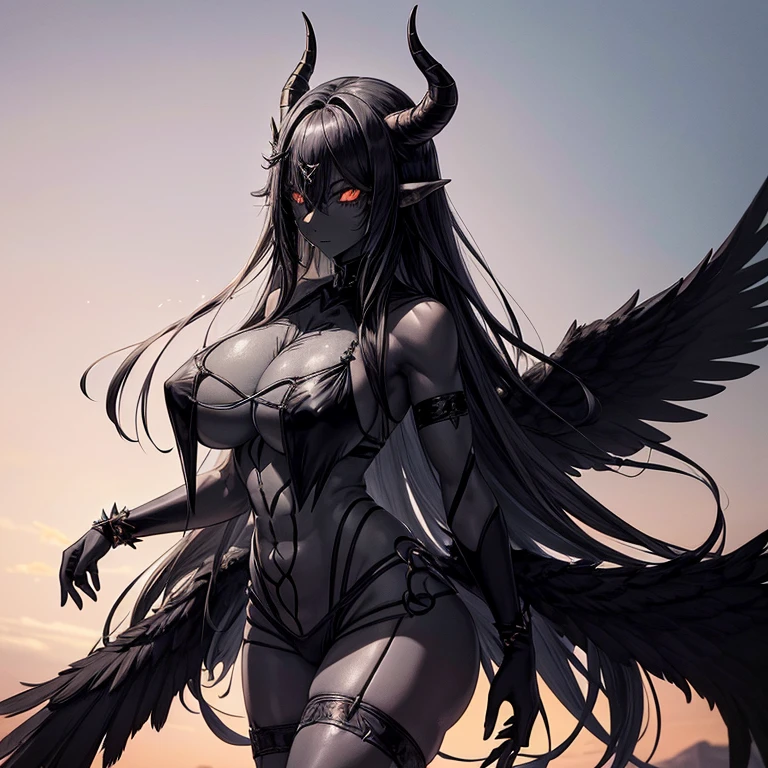 Best quality，A high resolution，A demon girl，(Pure black skin:1.7)，(a pair of long, curved horns：1.5)，Wings with black feathers，brassier，（huge tit：1.3），（Raised sexy：1.3），（Muscular）