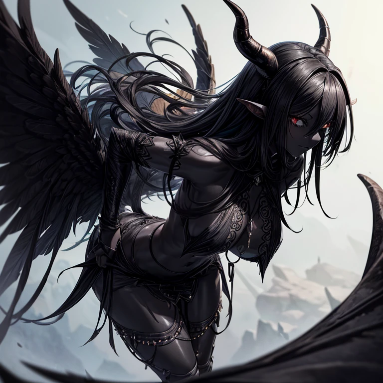 Best quality，A high resolution，A demon girl，(Gray-black skin:1.7)，(a pair of long, curved horns：1.5)，Wings with black feathers，brassier，（huge tit：1.3），（Muscular）