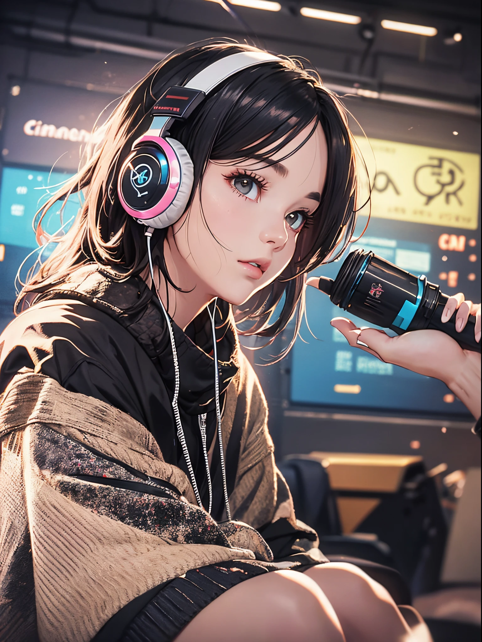 Put on headphones、Dressed in hip-hop style、90s style、cinematric light, Cinema Shadow, Sharp Image, Extremely detailed,、beautiful effects, Highly detailed image textures, , Highly detailed image textures,Photo from the knee up