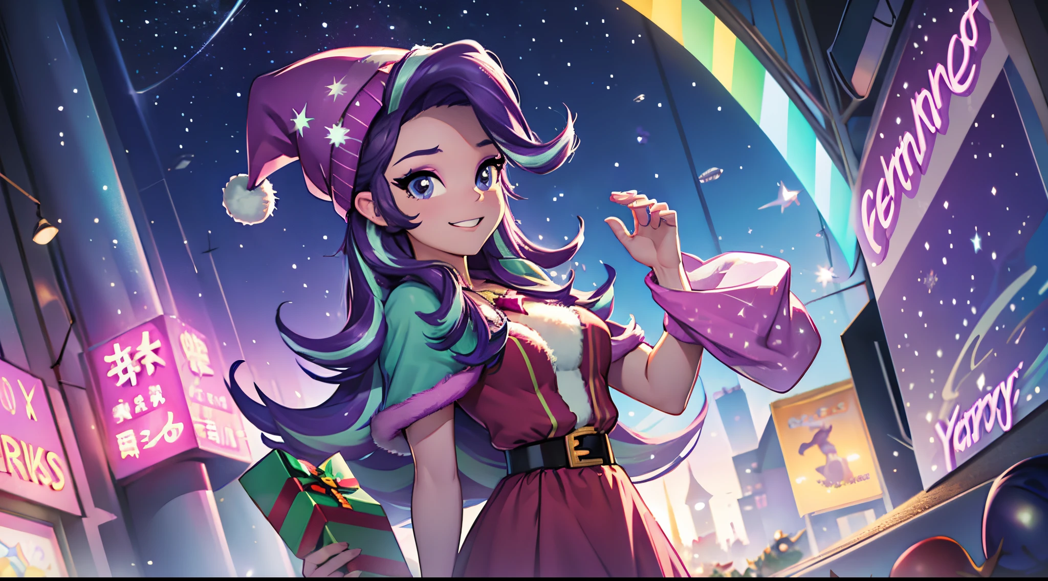 Starlight Glimmer, Starlight Glimmer from My Little Pony, big breastes, New Year, santa costume, fir, Christmas, snowing, sexy, New Year's Eve Outfit, in full height, super quality, Detailed