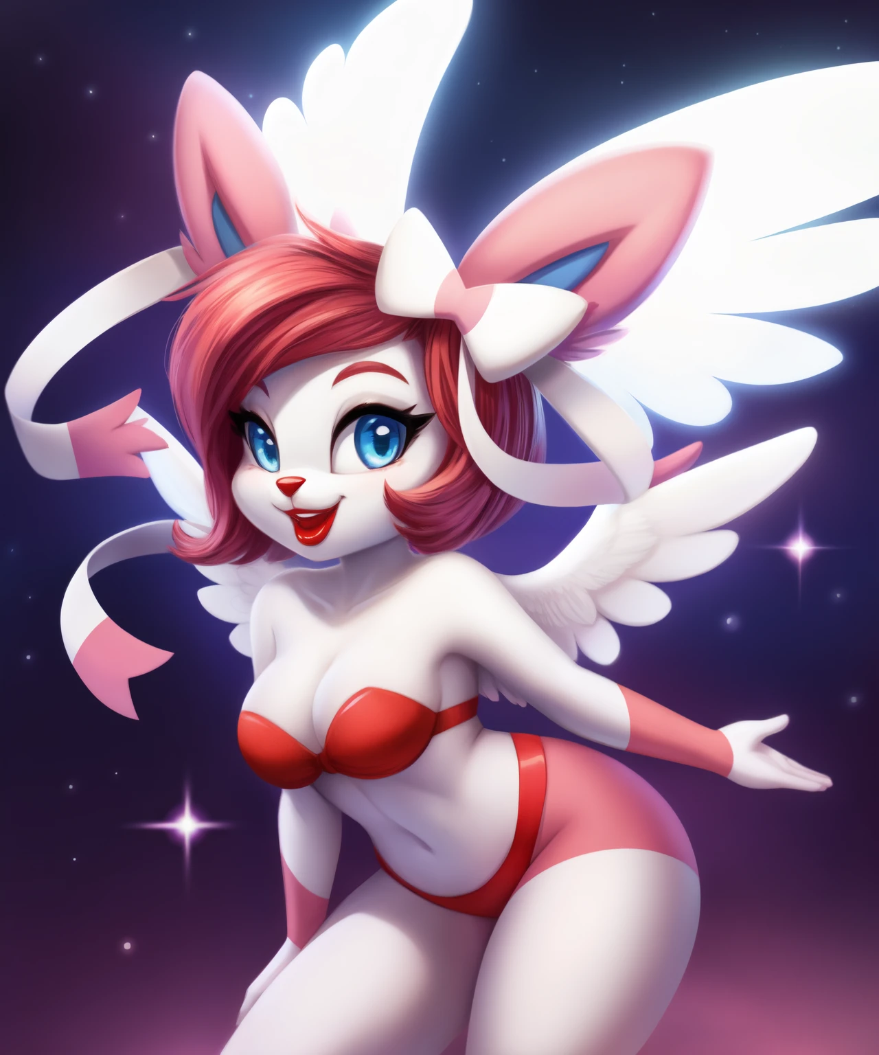 Female sylveon as an angel, halo, white soft wings, red lipstick, tiny toons style