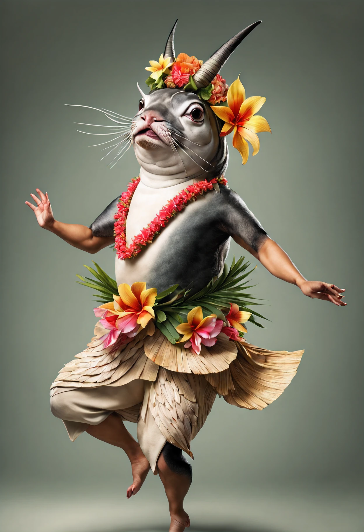 photorealistic portrait of Dressed animals - a tuna fish hula dancer,(dancing), high quality,(lovely) intricate details highly detailed hula costume ,flower lay, studio lighting,(full body image:1.5)