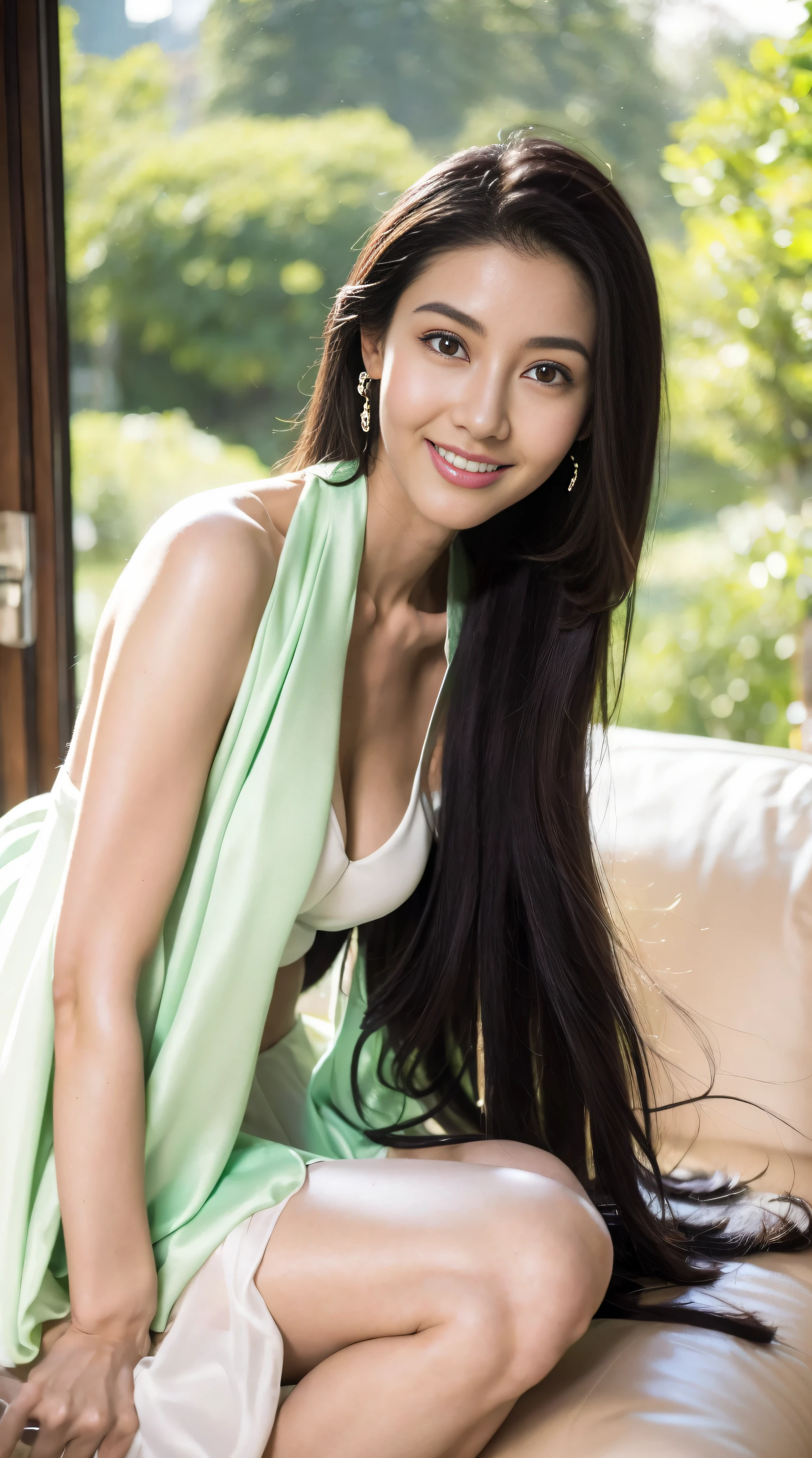 one-girl，a fashion model，18yr old，[[[[Close-up cleavage]]]], [[[[climaxing]]]], [[[[Cole]]]], [[[[bshoulder]]]], perfect  eyes, Perfect iris，perfect lips，perfect teeth，Perfect Skin，with fair skin，HighDynamicRange，Movie Girl，(delicated face)，(Highly defined faces)，（White under underwear），(Raised sexy)，(Long hair with a shawl)，Bedrooms，（kneeling on a bed），（Beautiful curves,Slim,Attractions），green trees outside the window，fresh flowers，4K Ultra HD, 超高分辨率, (realistically: 1.4), Best quality，tmasterpiece，（pastel colour：1.2）