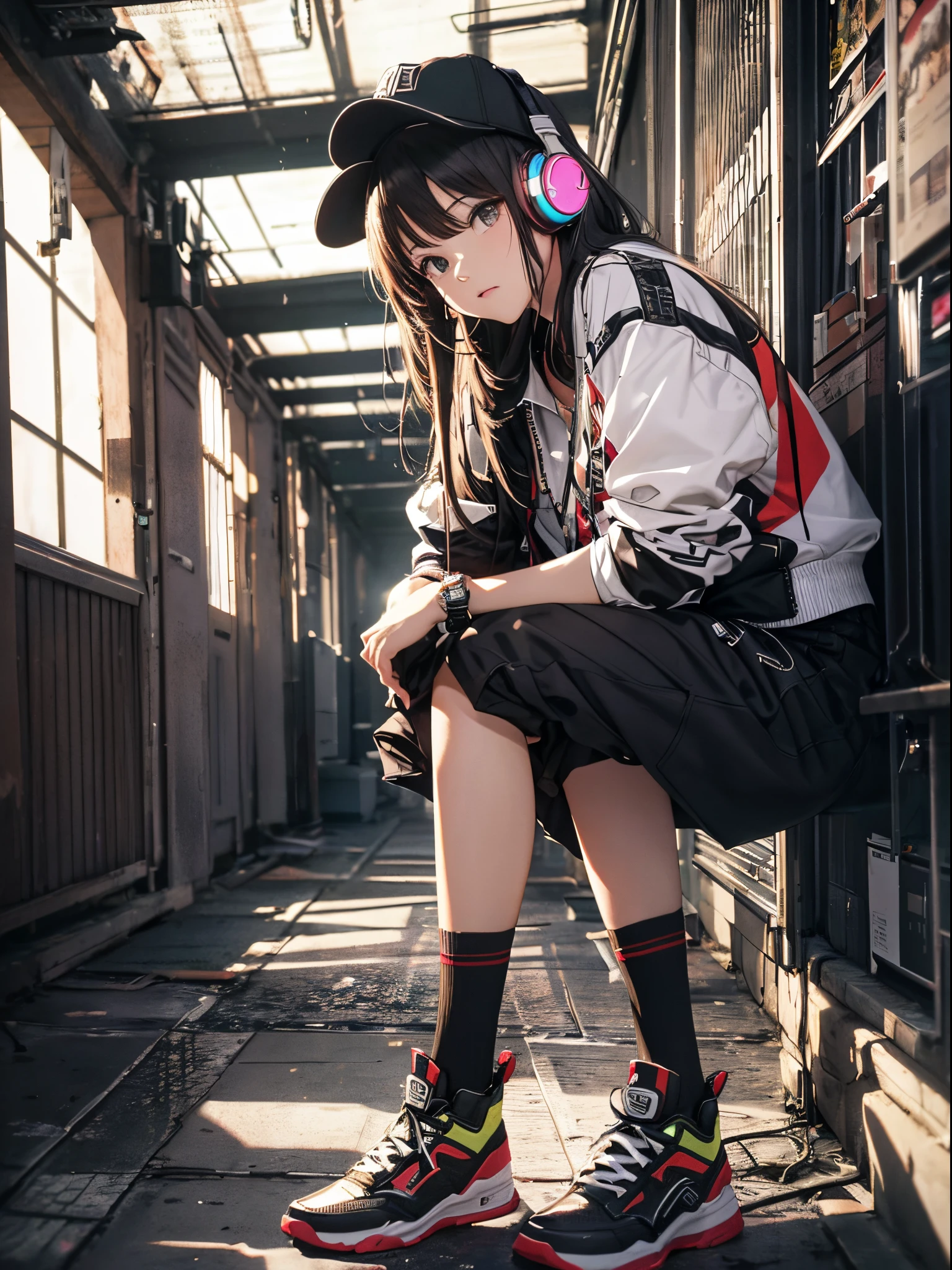 Put on headphones、Dressed in hip-hop style、90s style、cinematric light, Cinema Shadow, Sharp Image, Extremely detailed,、beautiful effects, Highly detailed image textures, , Highly detailed image textures,Photo from the knee up