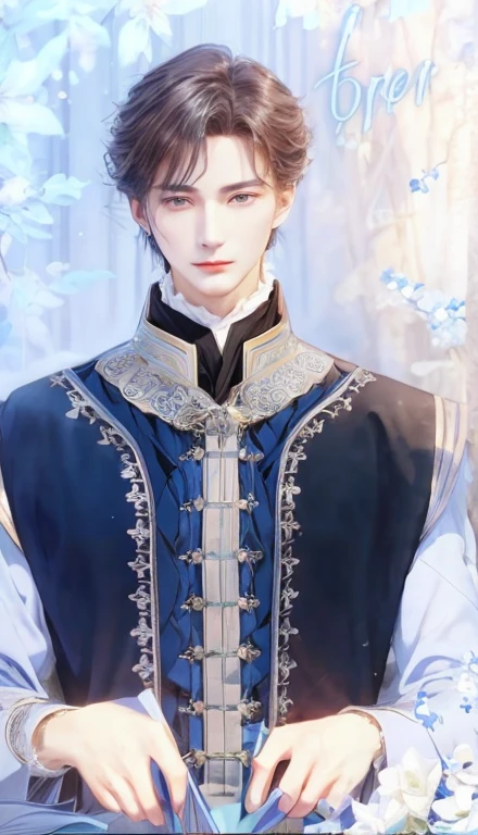 a man in a blue dress is holding a book, beautiful androgynous prince, delicate androgynous prince, handsome prince, handsome guy in demon slayer art, inspired by Bian Shoumin, tall anime guy with green eyes, aristocratic appearance, ((wearing aristocrat robe)), renaissance prince, imperial royal elegant clothing, wearing a black noble suit, anime handsome man