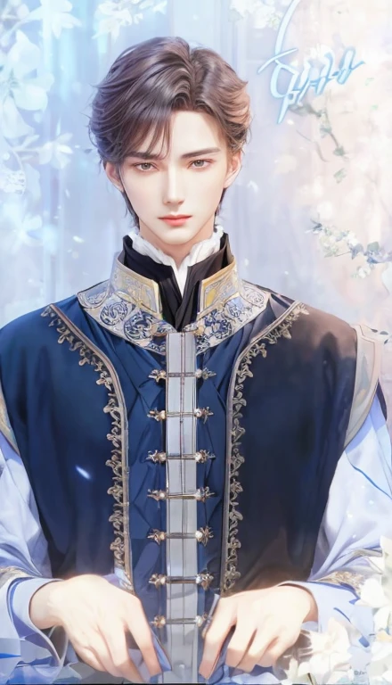 a man in a blue dress is holding a book, beautiful androgynous prince, delicate androgynous prince, handsome prince, handsome guy in demon slayer art, inspired by Bian Shoumin, tall anime guy with green eyes, aristocratic appearance, ((wearing aristocrat robe)), renaissance prince, imperial royal elegant clothing, wearing a black noble suit, anime handsome man