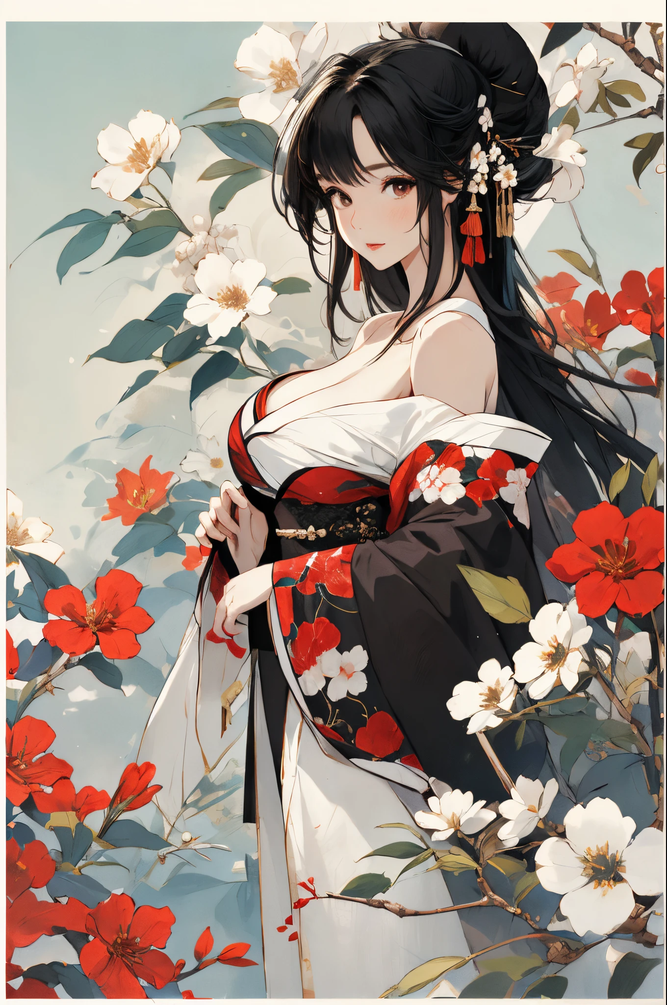 Off-the-shoulder attire，one-girl，Large breasts，sweetheart，Hanfu，Flowers
