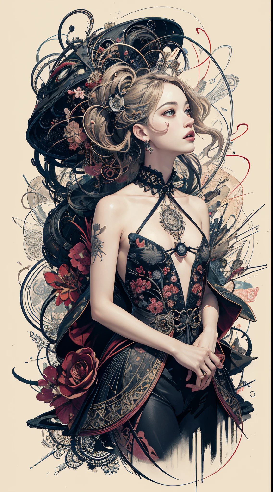 (Best Quality, masutepiece:1.3), (Illustration:1.15), (Lora More_detail),(Abstract, Zentangle, psychedelic:1.2), [(beautiful  Girl, Face, Neck, Slim waist, Legs:0.08) | | Beautiful roses, stem, thorns, roots:1.69] Art by Georgia O'Keeffe, Devianart Trend, ambiguity, mystery, Red color taste