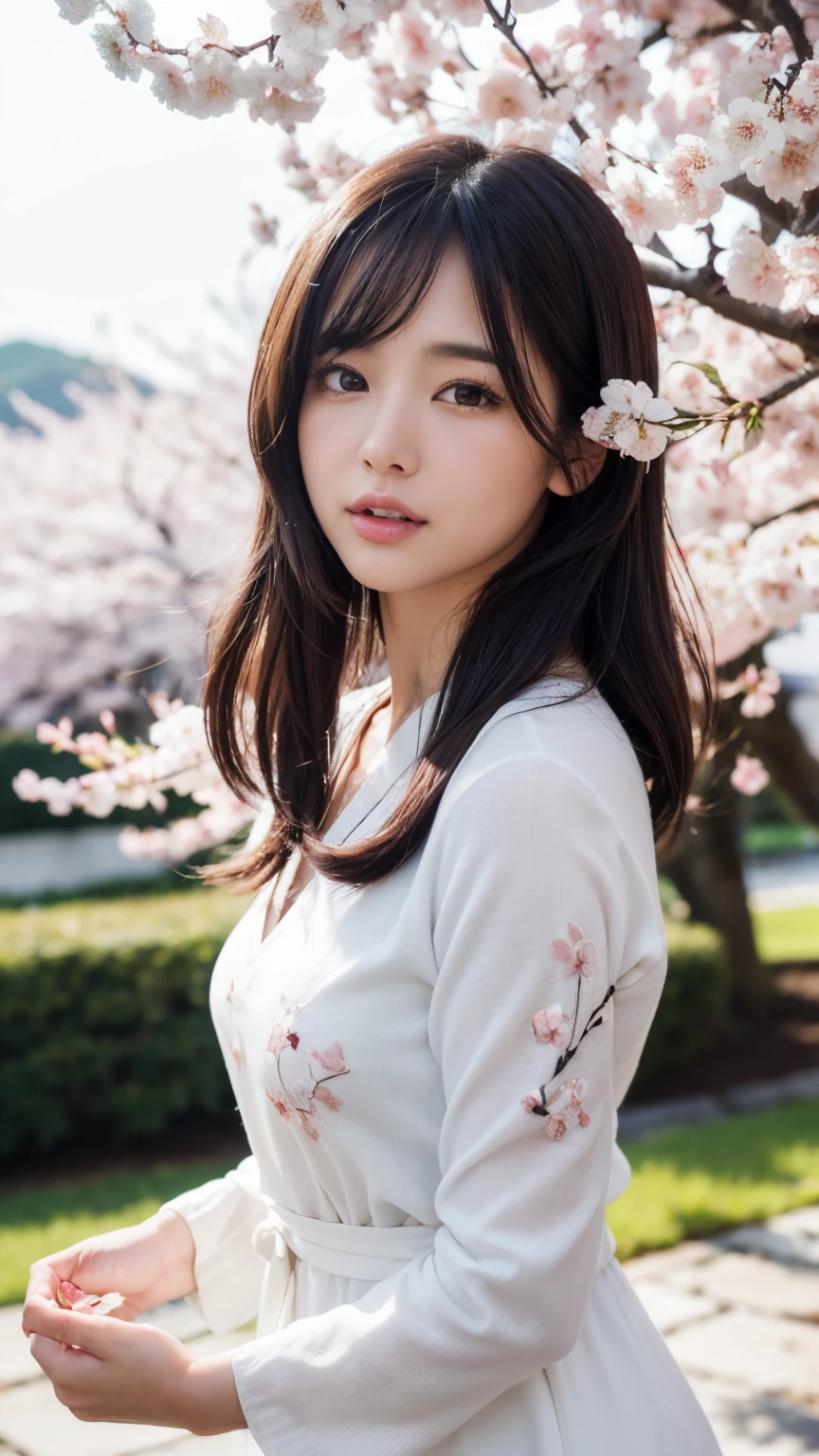 (A logo、masterpiece、8K、masutepiece、Raw photo、Fantastic、Best Quality、Photorealistic、extremely detailed CG unified 8k wallpaper、hightquality、ighly detailed、epic poem、Particle effect、Dynamic effects、depth of fields、Cinematic Light、Lens Flare、Ray tracing)、Fantasia、 (Beauty 1 person、White Japanese Clothing、Japanese dress、White cherry blossom pattern、White cherry blossom embroidery pattern、A dark-haired、Beautiful face、Real Face、Beautiful detail eyes、Beautiful skin)、Hair flutters in the wind、Hair jumps、Pink cherry blossom tree、Petals flutter、Sakura blizzard、Superb view、morning glow、Sun in the background、the wind、Deities、tusk、myth、Vast Land、