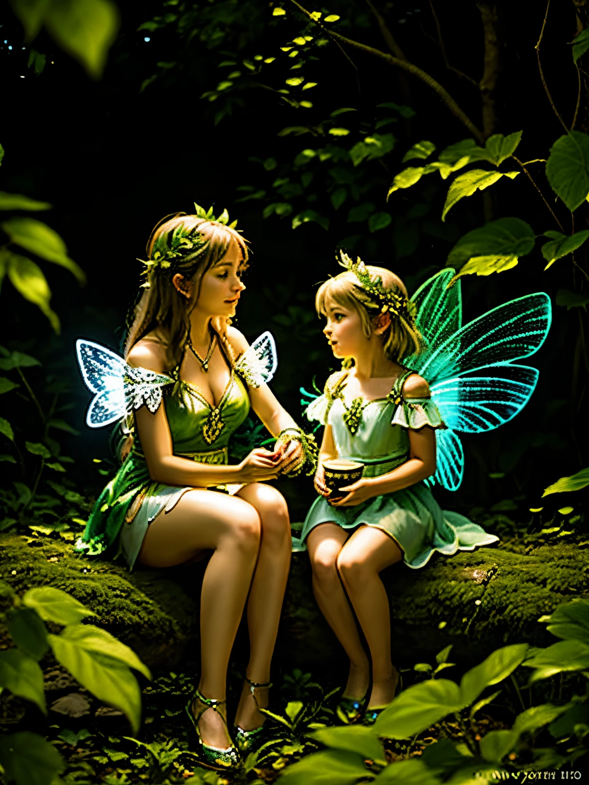 a fairy and her mum fairy sitting on a leaf glowing in dark