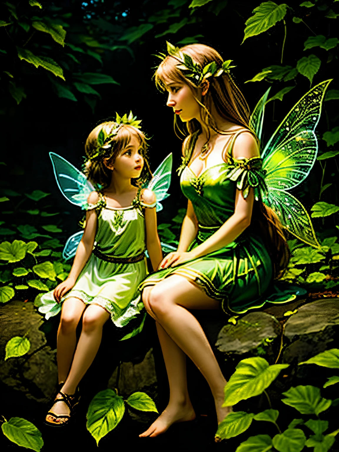 a fairy and her mum fairy sitting on a leaf glowing in dark