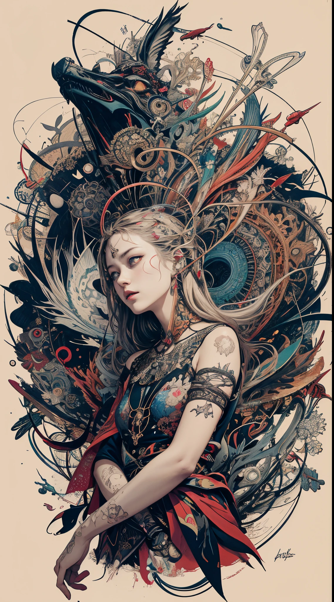 official art, unity 8k wallpaper, ultra detailed, beautiful and aesthetic, masterpiece, best quality, (zentangle, mandala, tangle, entangle), (fractal art:1.3) , 1girl, extremely detailed, dynamic angle, cowboyshot, the most beautiful form of chaos, elegant, a brutalist designed, vivid colours, romanticism, by james jean, roby dwi antono, ross tran, francis bacon, michal mraz, adrian ghenie, petra cortright, gerhard richter, takato yamamoto, ashley wood, atmospheric, ecstasy of musical notes, streaming musical notes visible