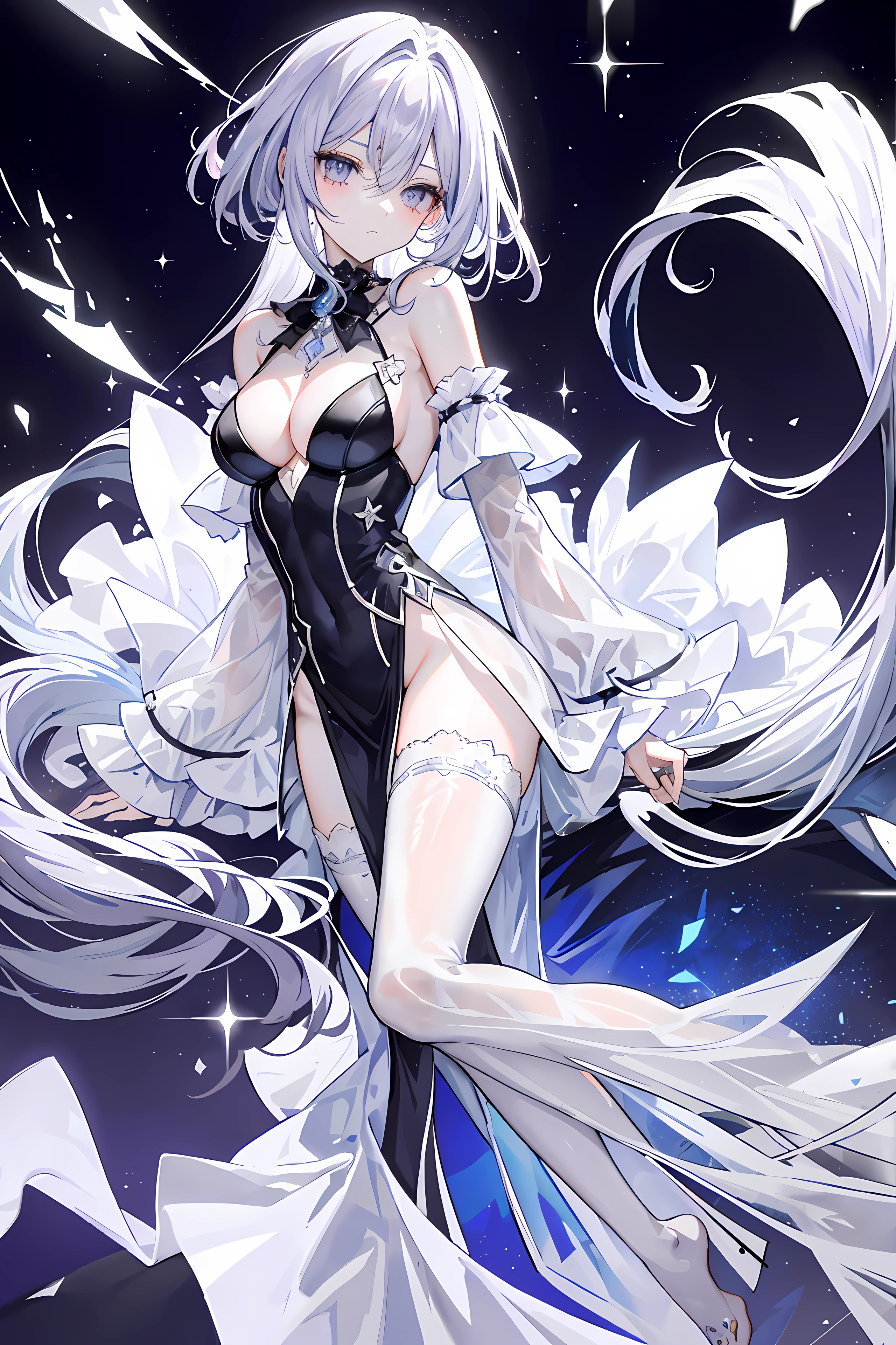 Lilac gradient hair,Asymmetrical hair,((Hair is very thick 1.8,Hair is well-defined1.6)), Hair over the shoulder, messy hair, Very long hair, shinny hair,(Long gray hair:1.2),A beautyful girl,(Luxurious Platinum Mini ta,Made of transparent material),(Transparent clothes transparent 1.8),perfect body figure,Tall and tall figure,slenderness,(looking sad,Haggard complexion、Haggard complexion,grieves,close your mouth:1.2) Against the backdrop of an unusually bright dark starry sky,(lie,Shot from the side of the body),(Round, bigger, firm breast),Barefoot,afloat,waterface,(long leges,long leges,long leges,Perfect leg shape,A body without blemishes),Full body photo