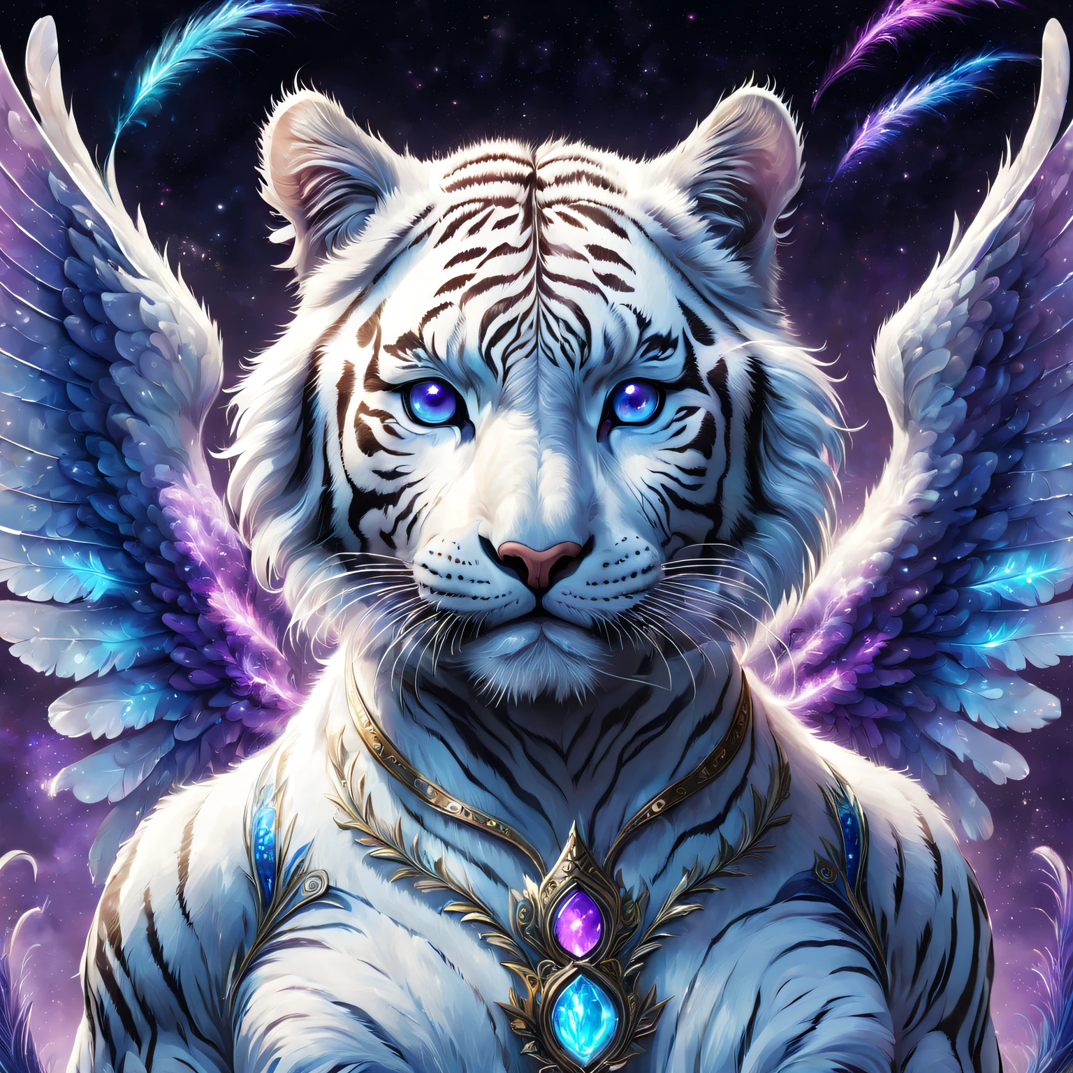 weird digital art, Strange white tiger, spectrum, Playful, number art, midnight mist, glowing phantom eye, super adorable, Translucent flowy fur, Luminous fur silk, Starcloud, Shiny colors, purple and blue colored, The content is very detailed, beautiful light up, Ethereal, mistic, 8K, vibrant with colors, nice backlight