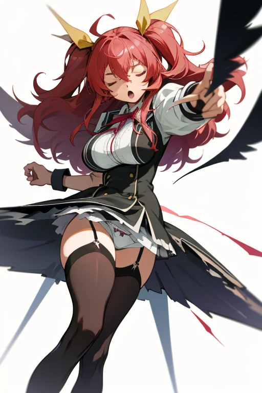 stella vermillion, school uniform, garter straps, black thighhighs, cross-laced footwear,  (fluttering skirt, white underwear:1.2), Big breast, closed eyes, :o, knock back, torn clothes, lightning, head to thigh