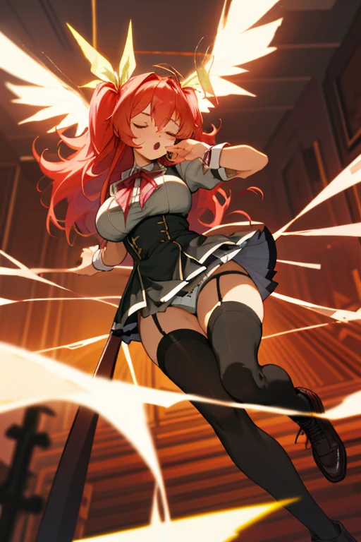 stella vermillion, school uniform, garter straps, black thighhighs, cross-laced footwear, (fluttering skirt, white underwear:1.2), Big breast, closed eyes, :o, knock back, torn clothes, lightning, head to thigh