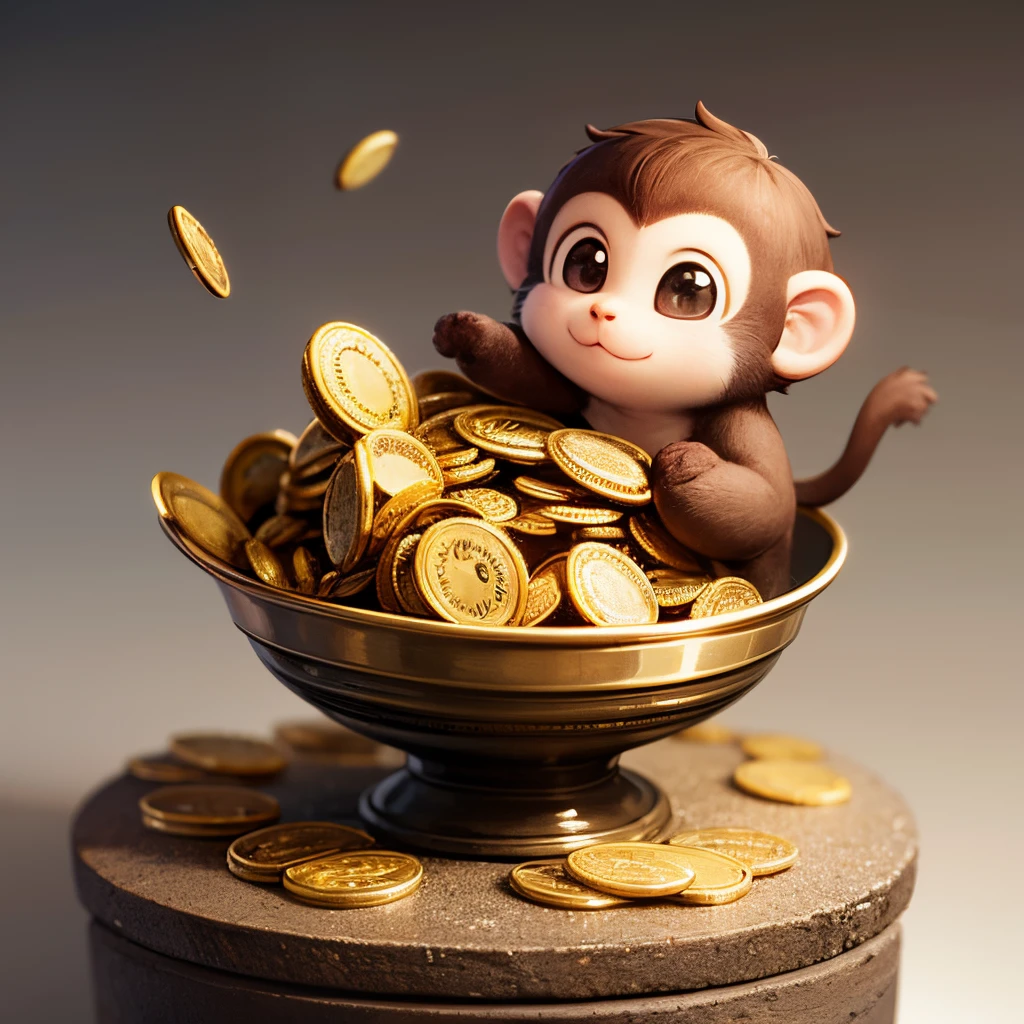 small cute monkey, animal, treasure, coins, gold, accounting, clear background, masterpiece, no-human