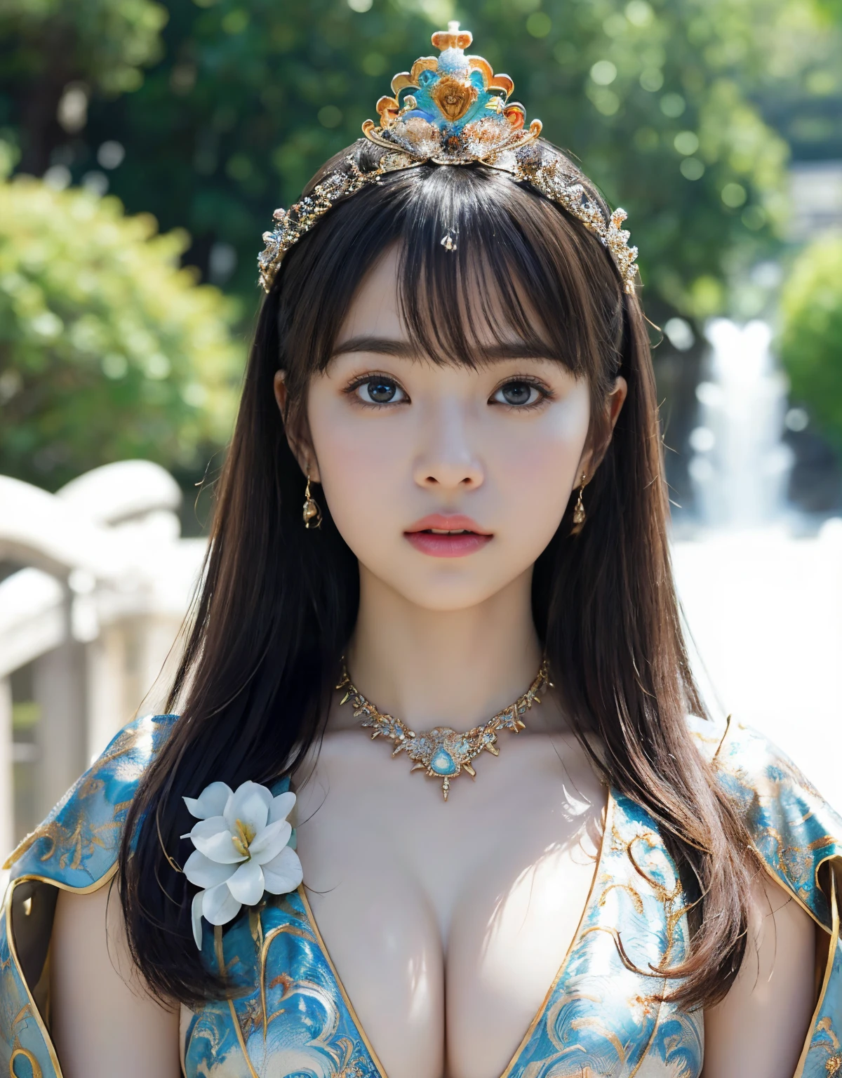 top-quality、​masterpiece、超A high resolution、（White Dragon Armor）、(((Colossal tits))),(((Variety of hairstyles))、(((Take different poses))),(Wearing a beautiful crown made of jewels),(Photorealsitic:1.4)、Raw photo、女の子1人、Golden hair、glowy skin、(((Japan Dragon)))、(((Reveal micro bikini))),（Gorgeous Jewelry Necklaces）、（Mystical expression）、（Full Body Angle）、（Fight big dragons）、A dark-haired、poneyTail、（Detailed: White Metal Bikini）、(Detailed and beautiful flower garden)、Precipitous cliffs、(Western castle background)、((super realistic details))、portlate、globalillumination、（sexypose）、Shadow、octan render、（Random hair）、8K、Raw skin is exposed in cleavage、metals、Details of complex ornaments、Japan details、highly intricate detail、Realistic light、Blue eyes、radiant eyes、Facing the camera、Precipitous cliffs、Toostock、（Full Body Angle）、（veils）、(((Heavy Big))),（A person who sees with calm and goddess-like eyes）Happiness:1.2)、