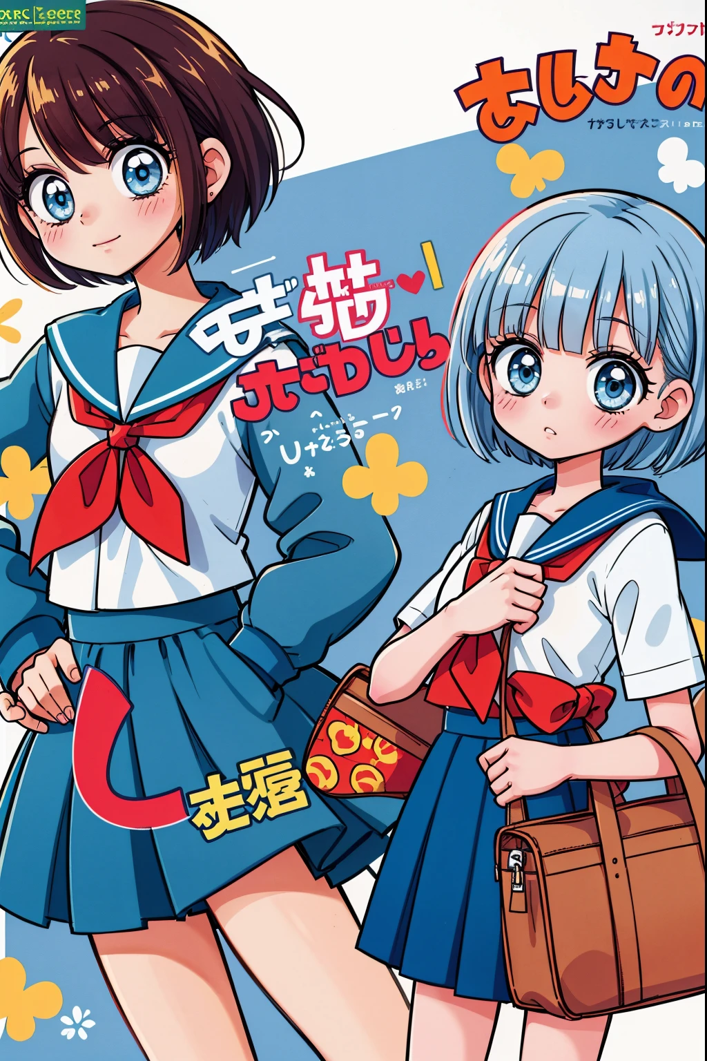 1girl, cute, ice-blue eyes, japanese school uniform, white bob cut hair, long azure colored skirt