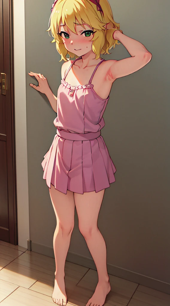 masterpiece, best quality, highres, Sakurai Momoka, 1girl, solo, busty, flat breasts, blond hair, bob hair, sport bra, short skirt, looking at viewer, full body, standing, simple background, (erotic pose:1.4), blush, flustered, (panties exposed:1.3), ((arms behind head, double armpits, standing)), Half body, upper body, In the middle, symmetrical,