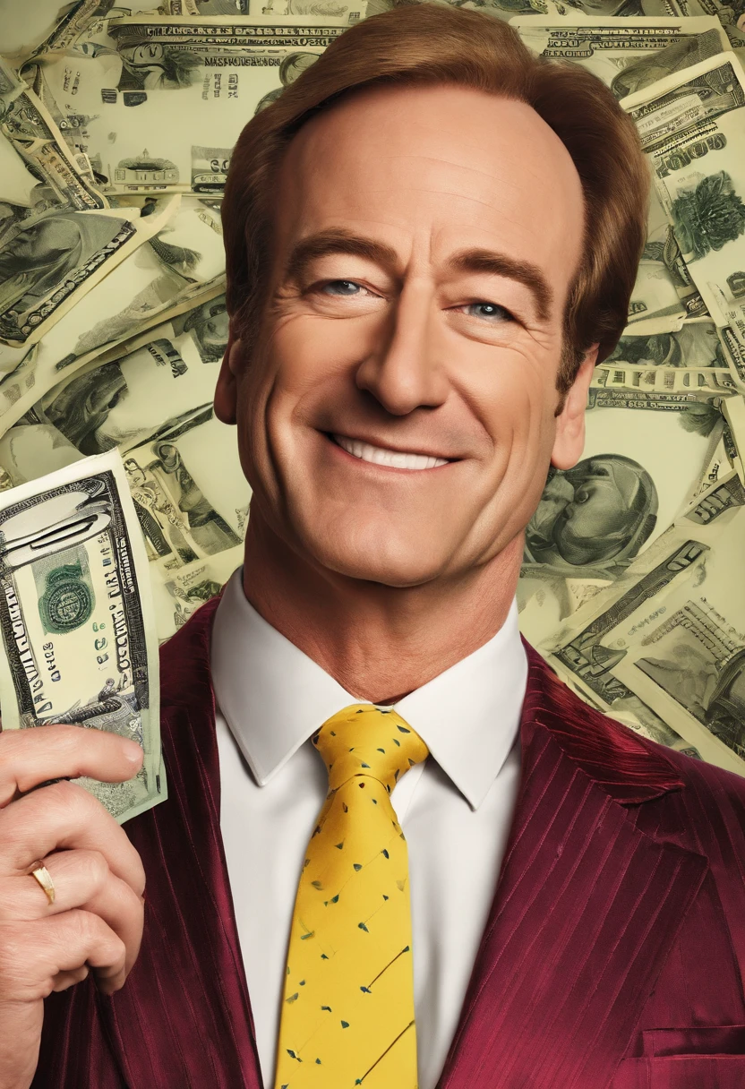 A video of Saul Goodman holding a giant stack of cash and winking at the camera,Breaking Bad,Saul Goodman’s appearance is as loud and attention-grabbing as his personality. He typically sports brightly colored suits, often in shades of red or yellow, paired with flashy ties, reflecting his over-the-top persona., male