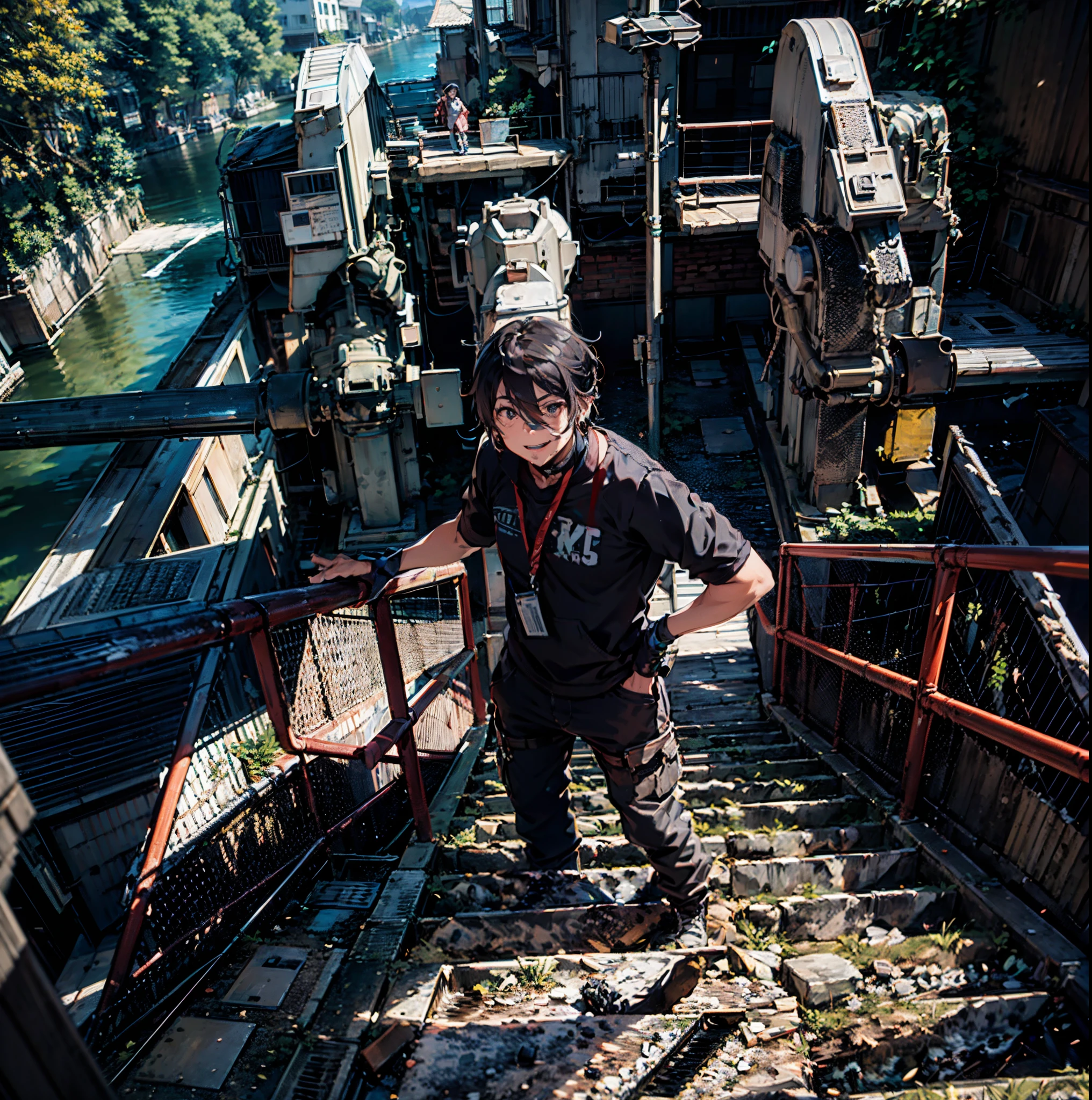 there is a man that is standing on a set of stairs, help me, maintenance photo, discovered photo, standing!!,  river flowing beside the robot, posing!!, myself, pov photo, looking straight forward, photo taken in 2 0 2 0, beautiful view, looking happy, official photo