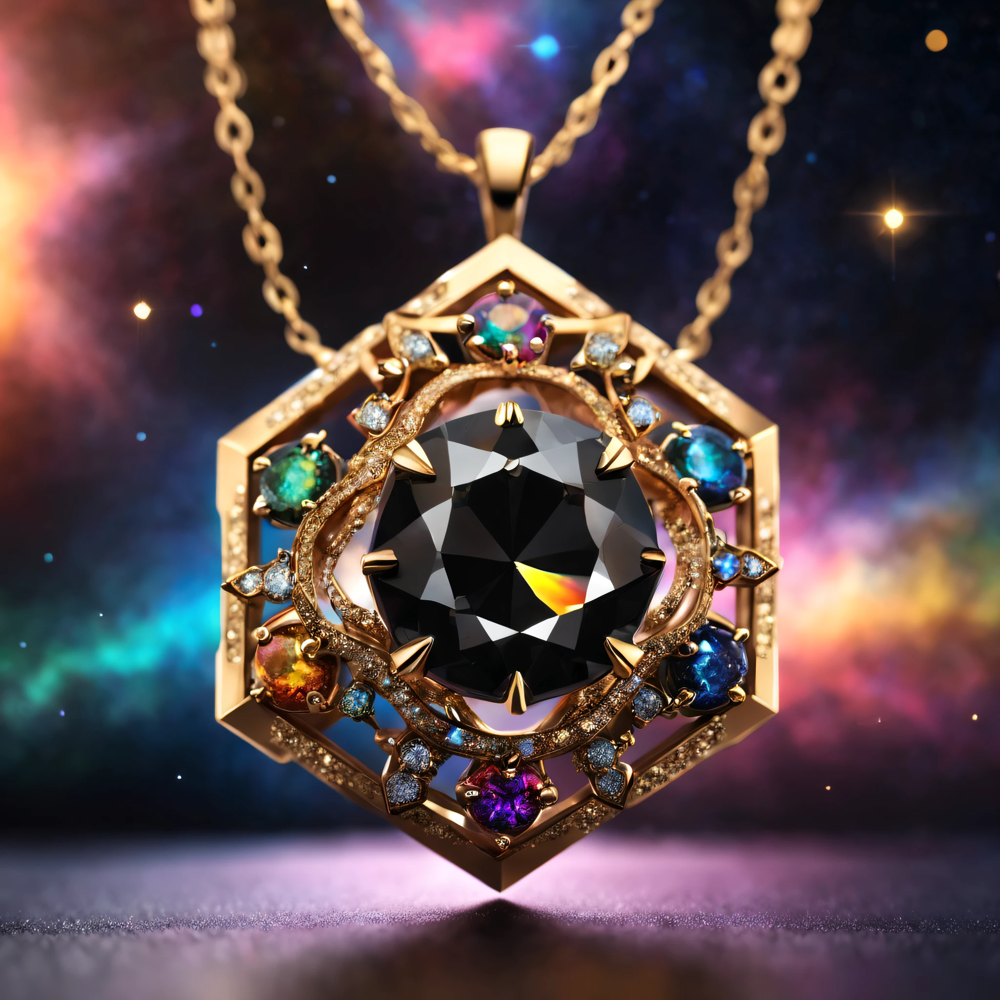 deslumbrantes joias redondas em 3D, thin necklace decorated with gold details detailed 8k resolution, large hexagonal black diamond in the center with a rainbow nebula inside, starry space in the background. Fotografia macro de Miso Asai, Close-up, hiper detalhado, trending on ArtStation, foco nítido, Studio photo, detalhes intrincados, altamente detalhado, ultra realistic, Motor irreal, Directed by: Greg Rutkowski, HDR