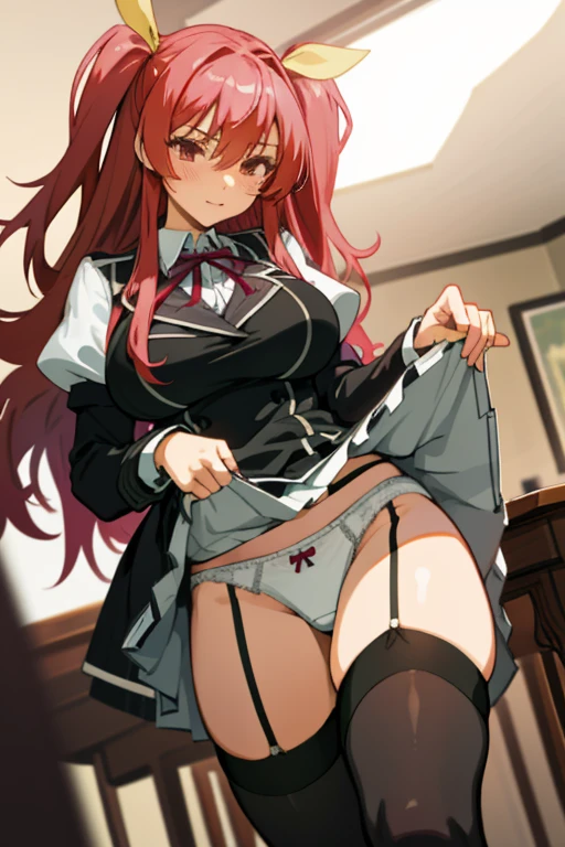 stella vermillion, school uniform, garter straps, black thighhighs, cross-laced footwear,  (skirt lift, white underwear:1.2), Big breast, head to thigh