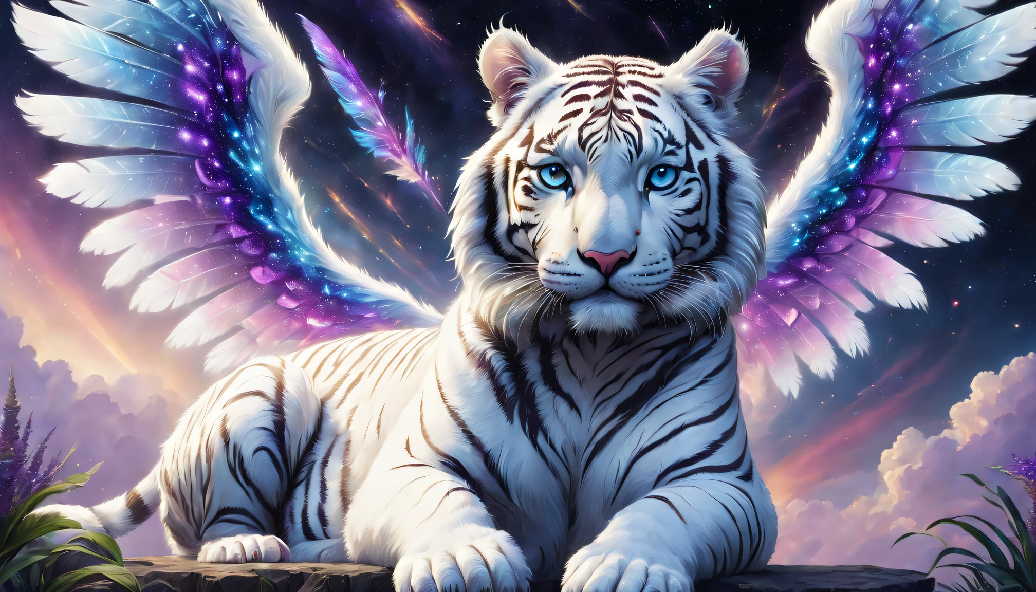 Fantasy hybrid creatures, White Tiger, Symmetrical wings, Starcloud, Shiny colors, purple and blue colored, The content is very detailed, beautiful light up, Ethereal, mistic, 8K, vibrant with colors, nice backlight