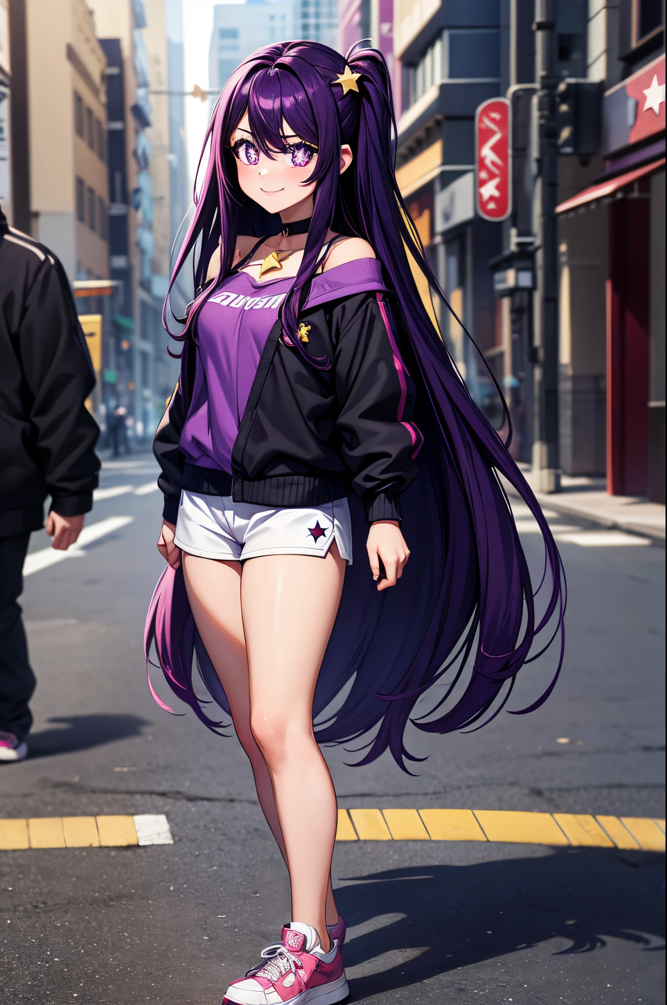 (masterpiece), best quality, expressive eyes, perfect face, highres, (8k), (perfect face), (ultra details), 1 girl, solo, ai hoshino, hair between eyes, long hair, one side up, (purple eyes:1.1), purple hair, (star-shaped pupils:1.5), symbol-shaped pupils, ((purple blouse)), off shoulders, white pants, jacket, black jacket, open jacket, sneakers, chocker, smile, street background, standing, full body, portrait, looking at the viewer,