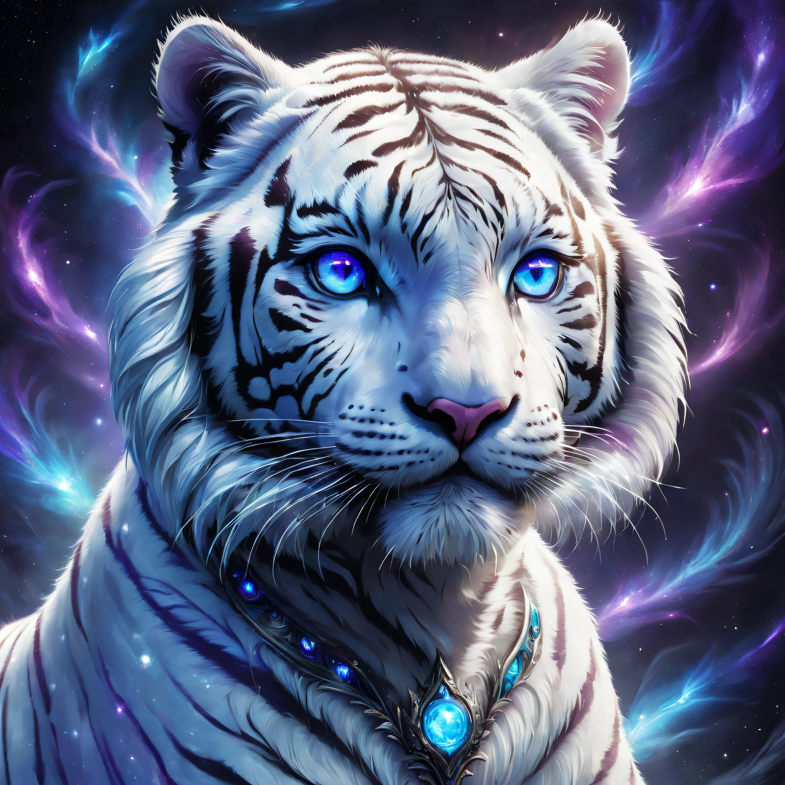 Fantasy hybrid creatures, White tiger and human hybrid, Starcloud, Shiny colors, purple and blue colored, The content is very detailed, beautiful light up, Ethereal, mistic, 8K, vibrant with colors, nice backlight