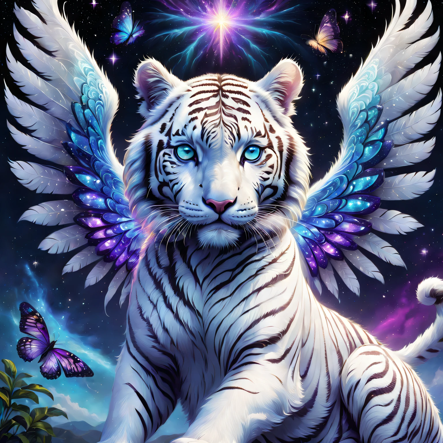 Fantasy hybrid creatures, White Tiger, Symmetrical wings, Starcloud, Shiny colors, purple and blue colored, The content is very detailed, beautiful light up, Ethereal, mistic, 8K, vibrant with colors, nice backlight