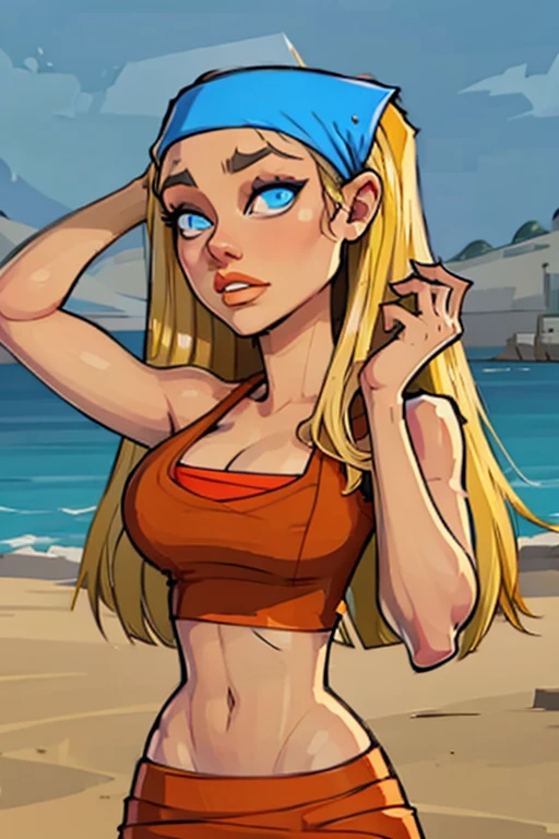 Lindsay total drama island , short shirt orange , crop top , blue bandana on head , long blond hair , blue eyes ,