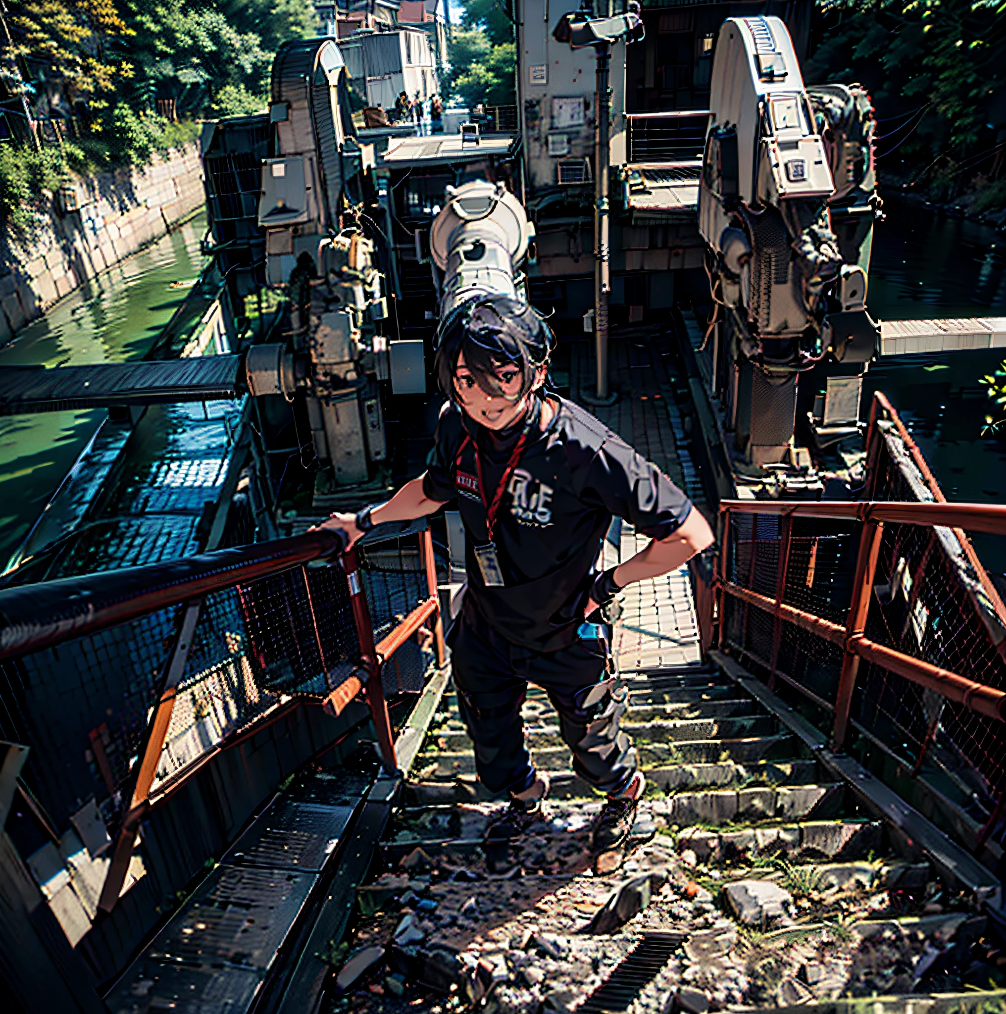 there is a man that is standing on a set of stairs, help me, maintenance photo, discovered photo, standing!!,  river flowing beside the robot, posing!!, myself, pov photo, looking straight forward, photo taken in 2 0 2 0, beautiful view, looking happy, official photo