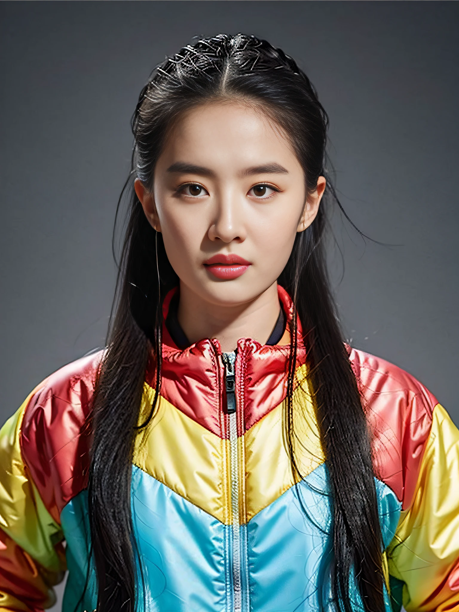 arafd woman，Long gray hair，Wearing a colorful coat，pony tails, Komrosto Quartet, inspired by Yanjun Cheng, yanjun chengt, actual. cheng yi, with a round face, Guviz style artwork, young and lovely Asian face, ChineseGirl, Hyper-realistic color photos, xue han, xintong chen