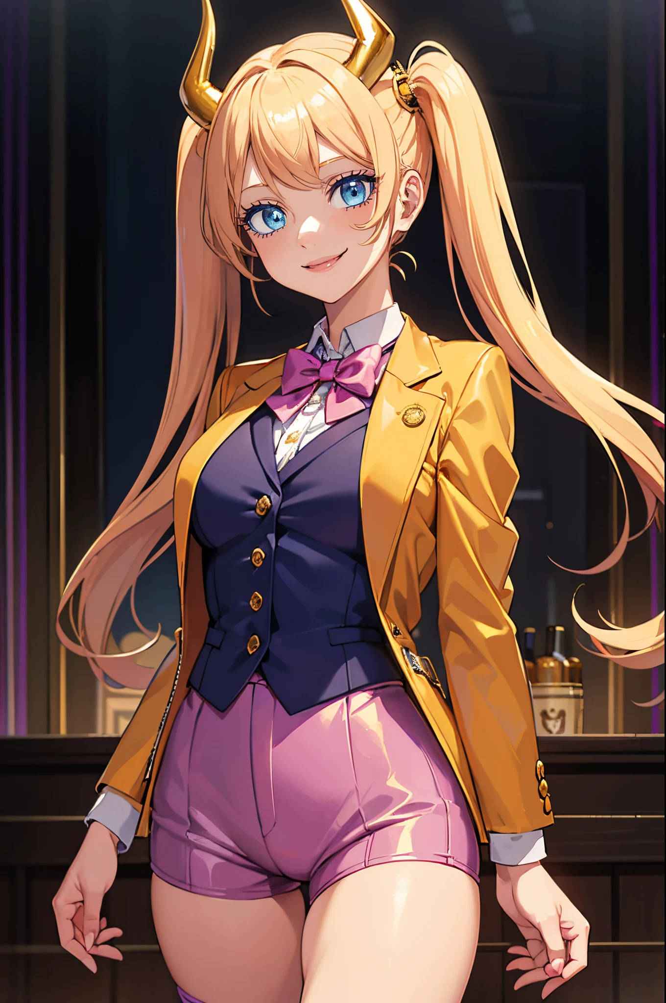 Safe for work, masterpiece, best quality, solo, 1 girl,  cute girl, wholesome girl, (young female body:1.4), ( medium breasts), cowboy shot, cocky smile, light blue eyes, yellow golden hair, extra long blonde hair, hime cut, low pigtails, rich girl vibes, indoors mansion, gold demon horns, pink lipstick, purple shorts, high waist boy short, dark purple boy shorts, white sleveeless tshirt, orange bowtie, orange suit vest, vest, gold chains, jewelry, gold details, tights, short suit jacket, gold details, pink suit jacket, bright orange corset, suit vest, pink suit jacket, fancy casino outfit, gold devil horns, casino clothes