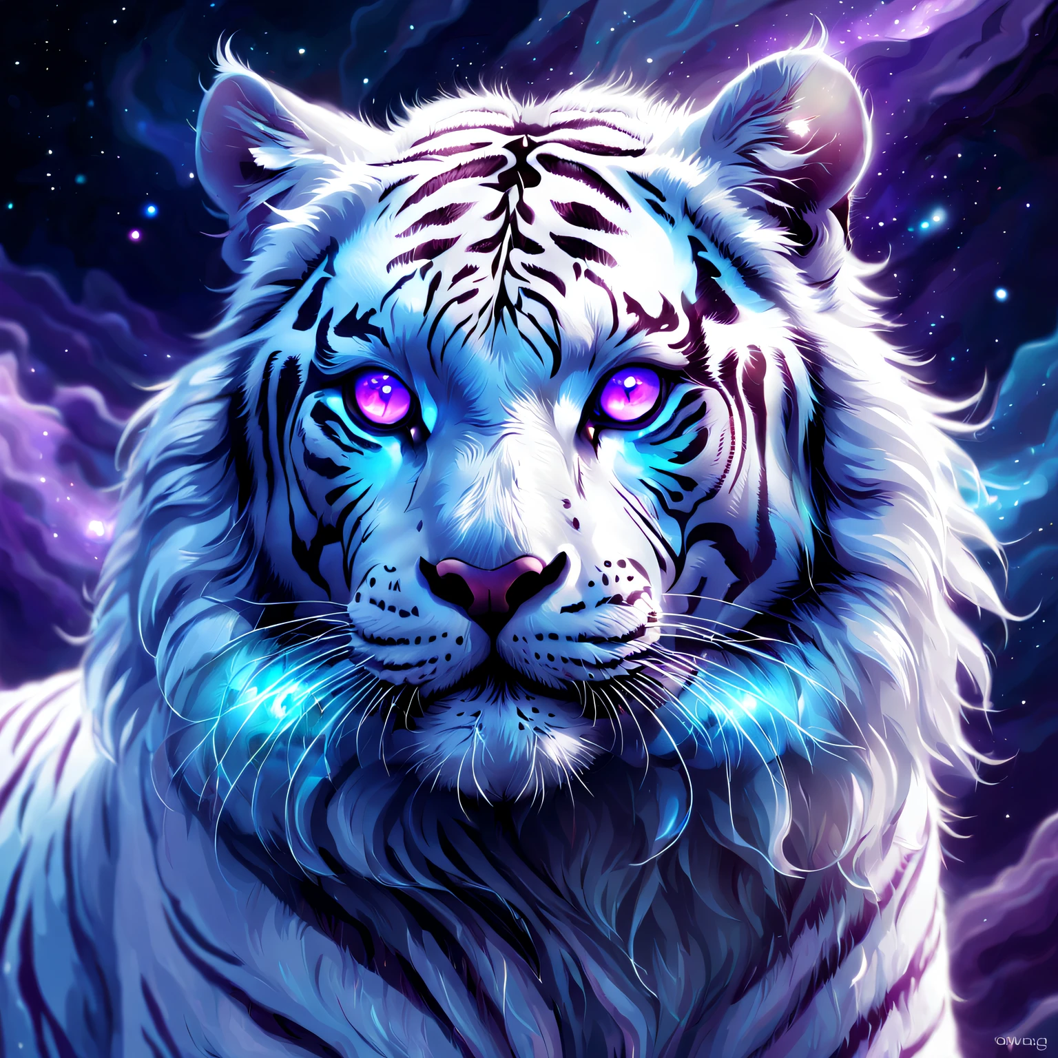weird digital art, Strange white tiger, spectrum, Playful, number art, midnight mist, glowing phantom eye, super adorable, Translucent flowy fur, Luminous fur silk, Starcloud, Shiny colors, purple and blue colored, The content is very detailed, beautiful light up, Ethereal, mistic, 8K, vibrant with colors, nice backlight