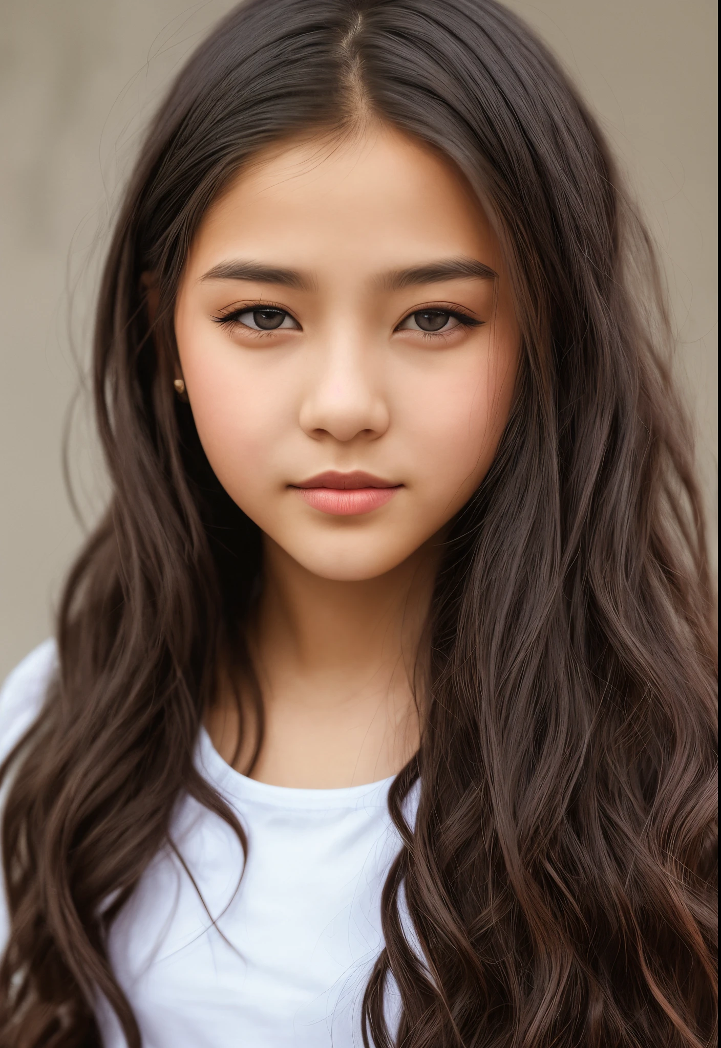 Creates a -yeld giwith wavy dark brown hair, dark brown eyes, and medium-light yellowish skin.