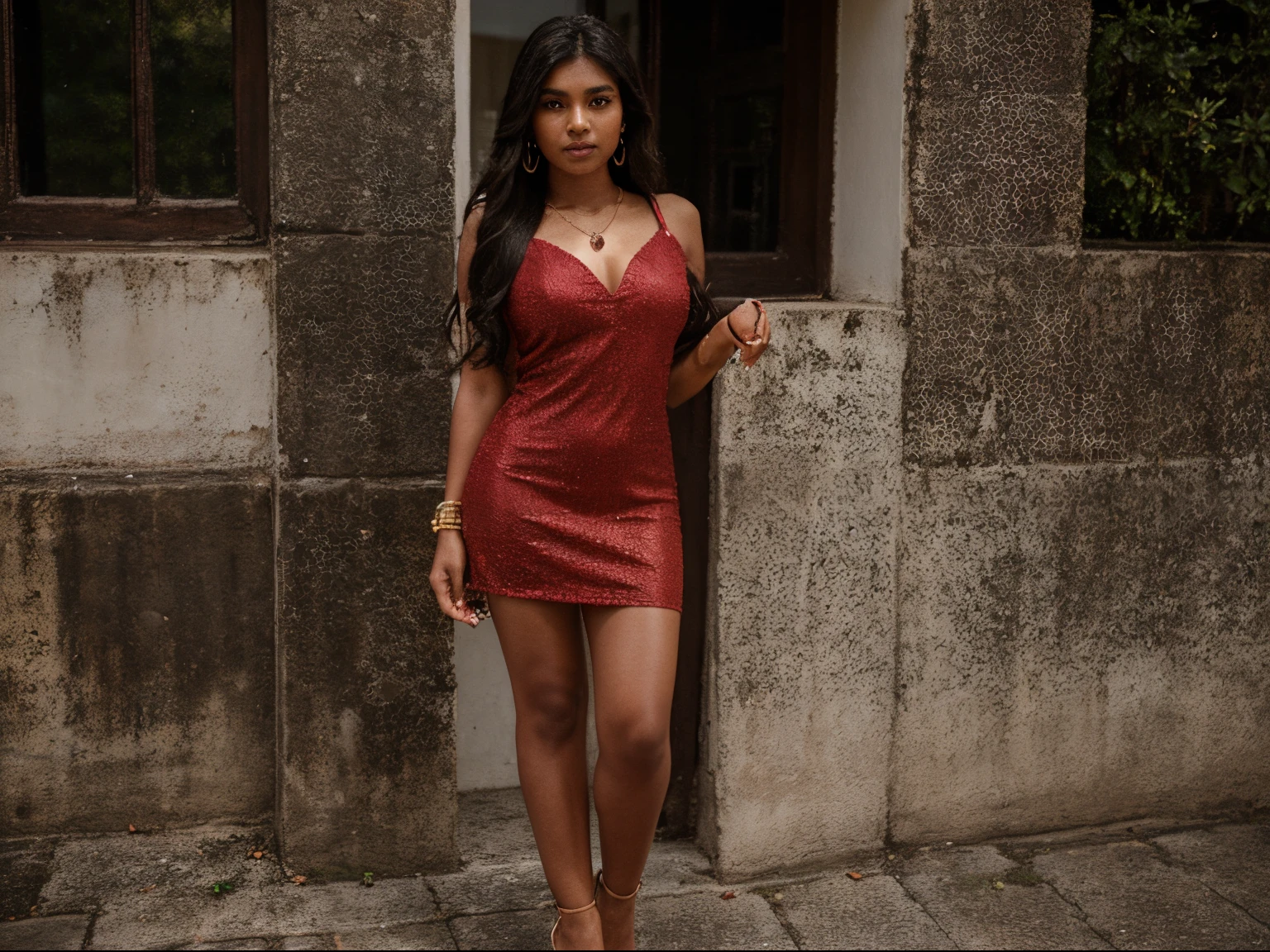 (Full body portrait:1.4), RAW UHD portrait full body photo of a 22-year-old Sri Lankan woman named Kasuni, long dark hair, dark skin, black eyes, feminine features, DSLR, ultra quality, sharp focus, tack sharp, photorealistic, detailed skin pores, oiled skin, intricate eye detail, standing, vibrant expensive necklace, colorful bangles, big earrings, above knee short red dress, expensive high heels.