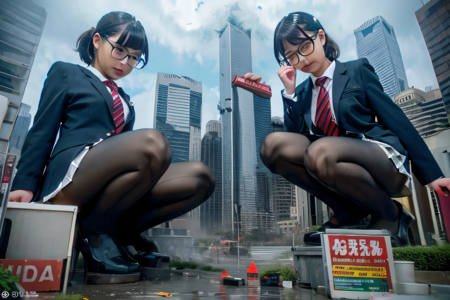 Multiple girls, giantess art, a hyperrealistic schoolgirl, , highly detailed giantess shot, der riese, Shorthair, Black pantyhose, Giant high school girl much bigger than a skyscraper。Wearing rimless glasses。Colossal tits。Navy blue blazer、Red tie、Mini Length Skirt、Black pantyhose、Pantyhose sole、Pantyhose Toe、I'm not wearing shoes.。very small metropolis。miniature metropolis。In a miniature metropolis just a few feet tall.、squatting and urinating。sea of urine。Small trains and cars are washed away with urine.。Full body depiction。der riese, Black pantyhose, Pantyhose legs, Pantyhose feet, ,Stomping City,crash city,Small town,micro city, Peeing,